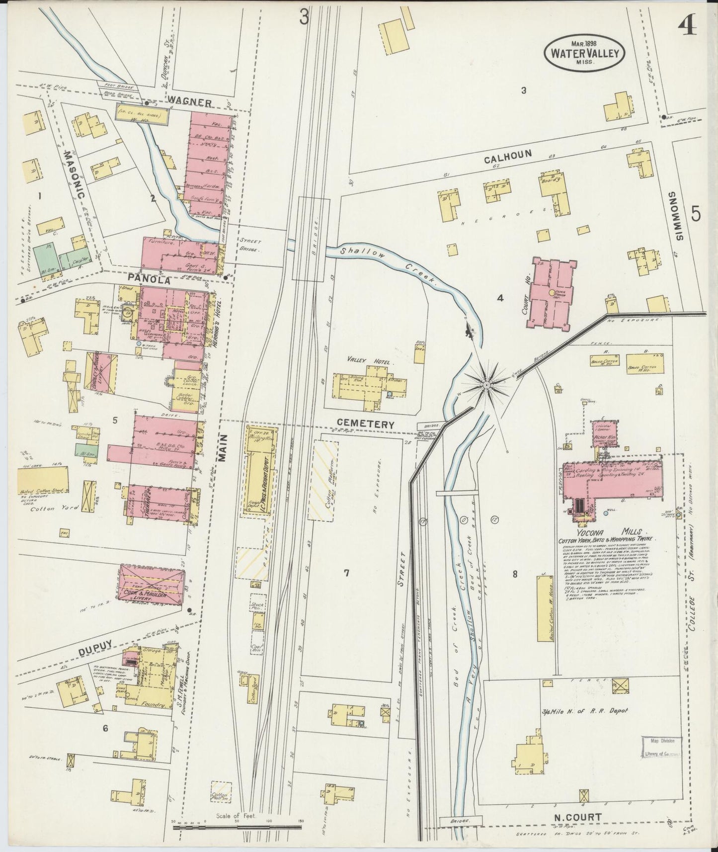 Sanborn Fire Insurance Map from Water Valley, Yalobusha County, Mississippi (1898), Sheet #0004 - Historic Sanborn Fire Insurance Map Print, vintage old map wall art, antique decor, genealogy gift, Mississippi Mississippi map