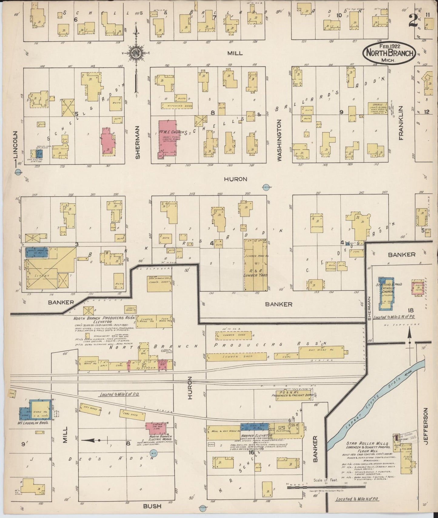 Sanborn Fire Insurance Map from North Branch, Lapeer County, Michigan (1922), Sheet #0002 - Complete Map Set gallery image, historic Sanborn map, vintage wall art, Michigan Michigan