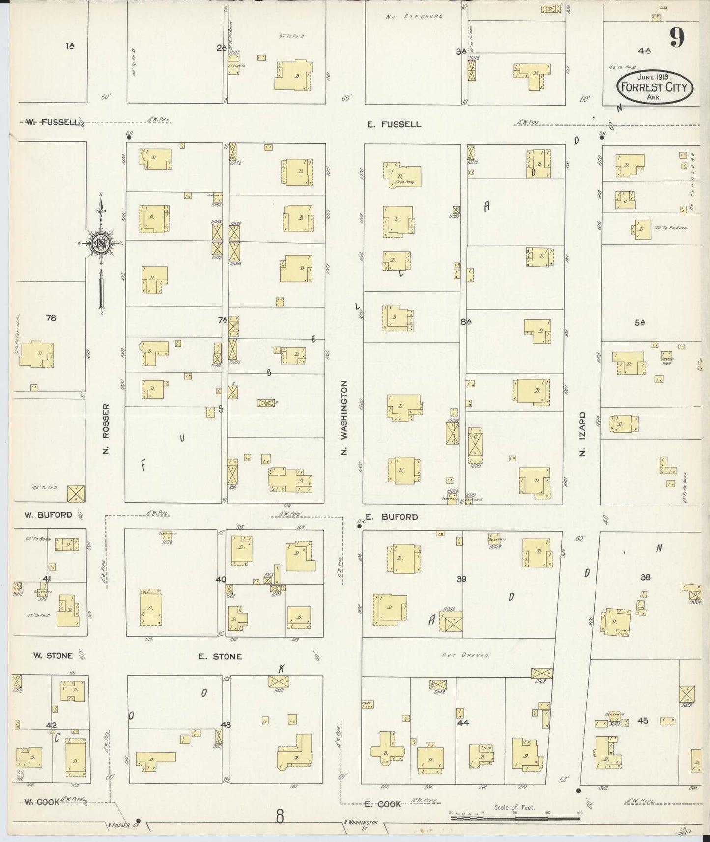 Sanborn Fire Insurance Map from Forrest City, Saint Francis County, Arkansas (1913), Sheet #0009 - Historic Sanborn Fire Insurance Map Print, vintage old map wall art, antique decor, genealogy gift, Arkansas Arkansas map