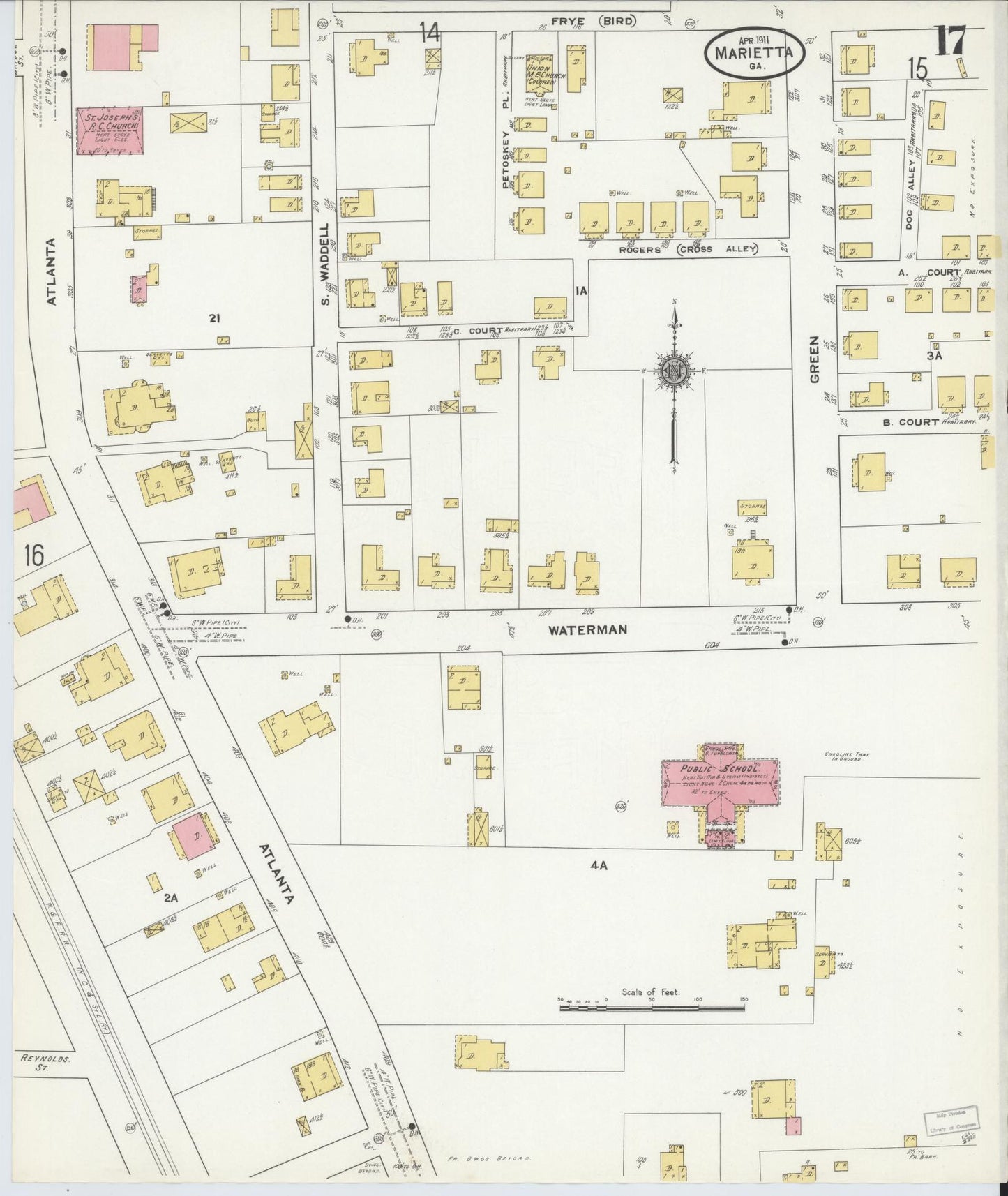 Sanborn Fire Insurance Map from Marietta, Cobb County, Georgia (1911), Sheet #0017 - Historic Sanborn Fire Insurance Map Print, vintage old map wall art, antique decor, genealogy gift, Georgia Georgia map