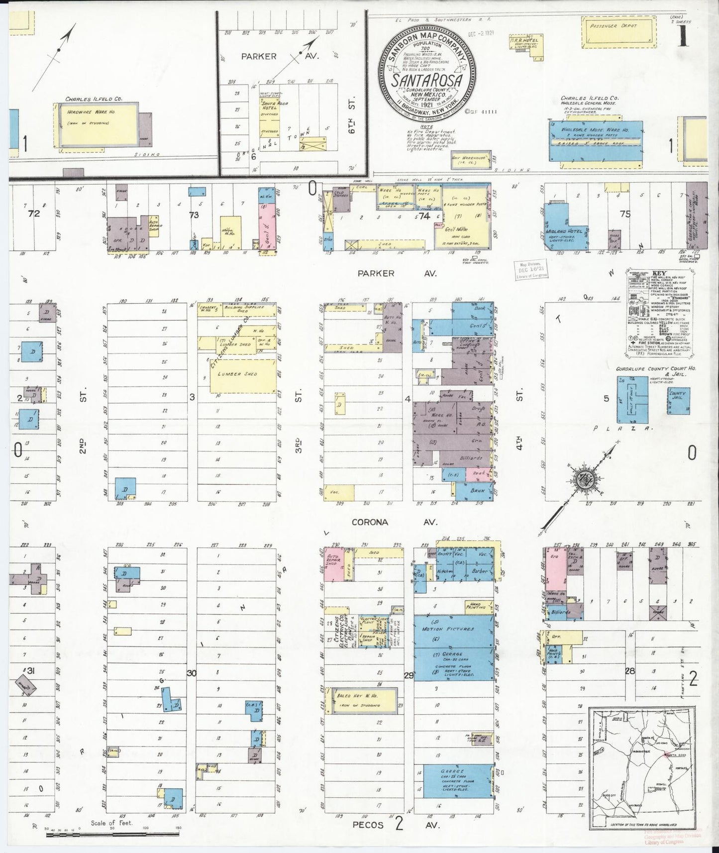 Sanborn Fire Insurance Map from Santa Rosa, Guadalupe County, New Mexico (1921), Sheet #0001 - Historic Sanborn Fire Insurance Map Print, vintage old map wall art, antique decor, genealogy gift, New Mexico New Mexico map