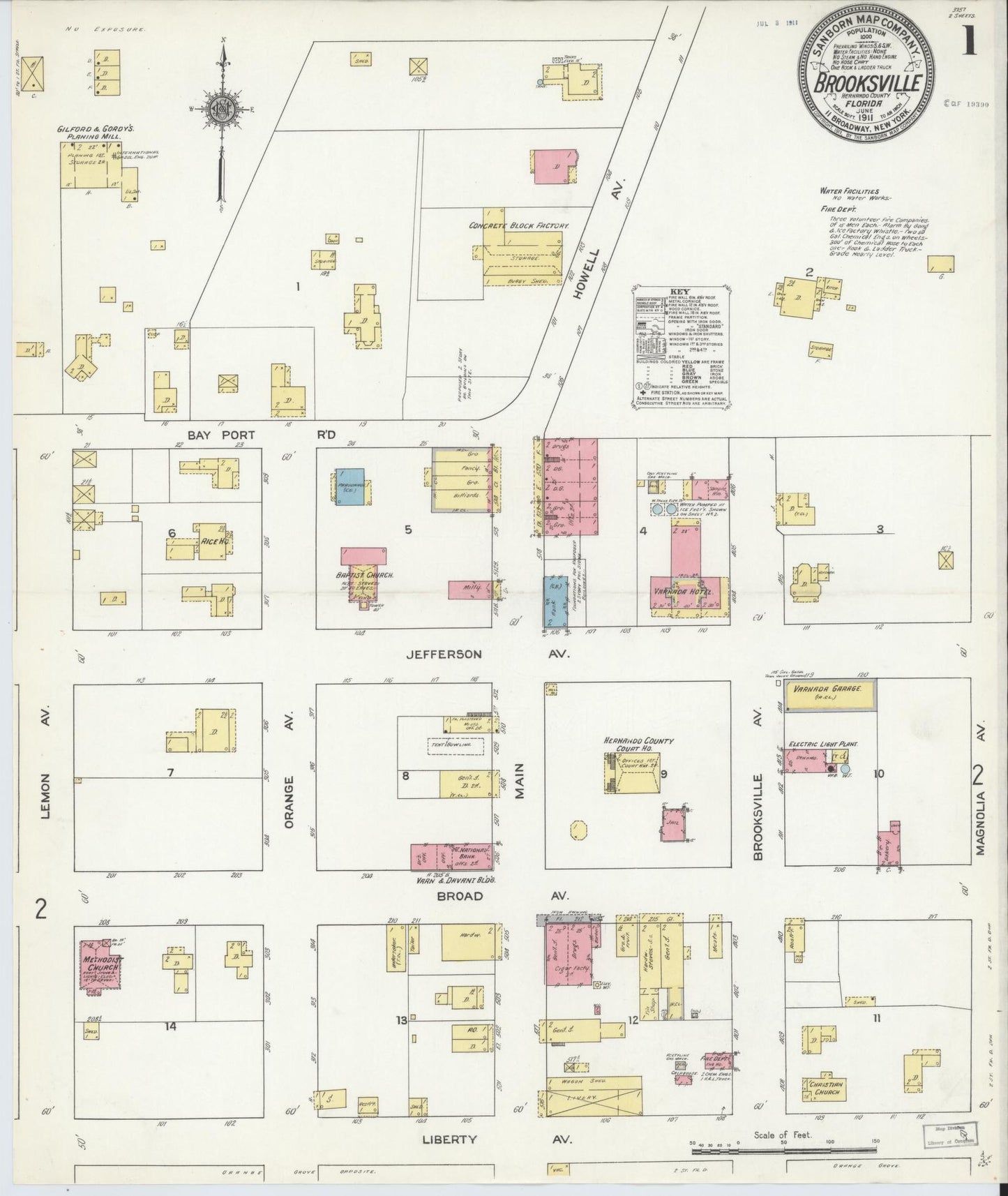 Sanborn Fire Insurance Map from Brooksville, Hernando County, Florida (1911), Sheet #0001 - Historic Sanborn Fire Insurance Map Print, vintage old map wall art, antique decor, genealogy gift, Florida Florida map