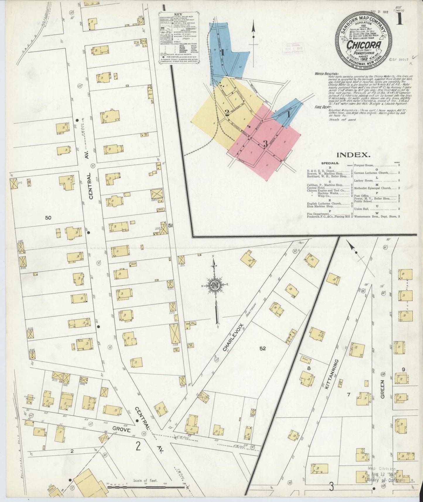 Sanborn Fire Insurance Map from Chicora, Butler County, Pennsylvania (1912), Sheet #0001 - Historic Sanborn Fire Insurance Map Print, vintage old map wall art, antique decor, genealogy gift, Pennsylvania Pennsylvania map