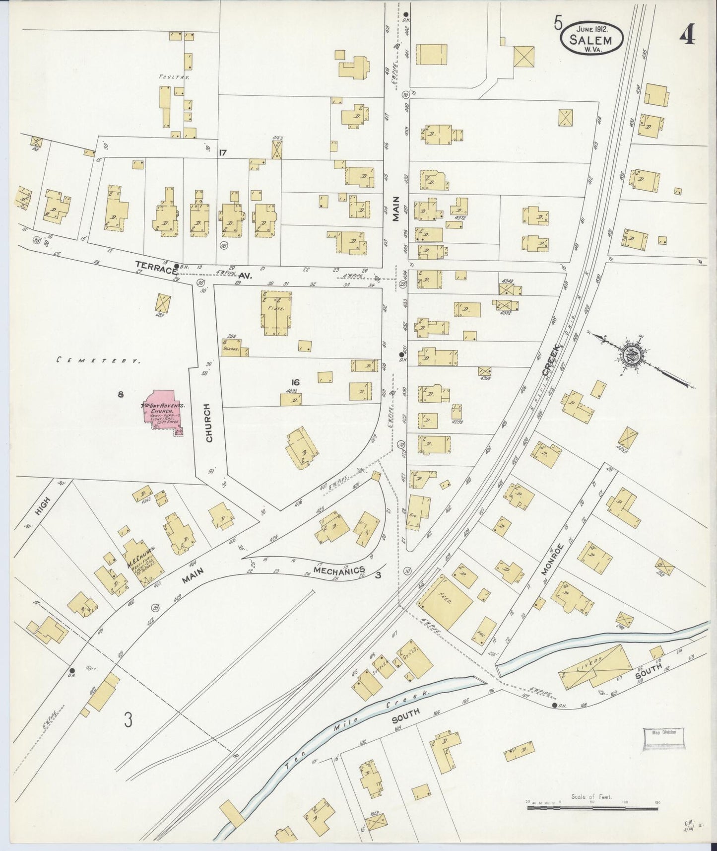 Sanborn Fire Insurance Map from Salem, Harrison County, West Virginia (1912), Sheet #0004 - Historic Sanborn Fire Insurance Map Print, vintage old map wall art, antique decor, genealogy gift, West Virginia West Virginia map