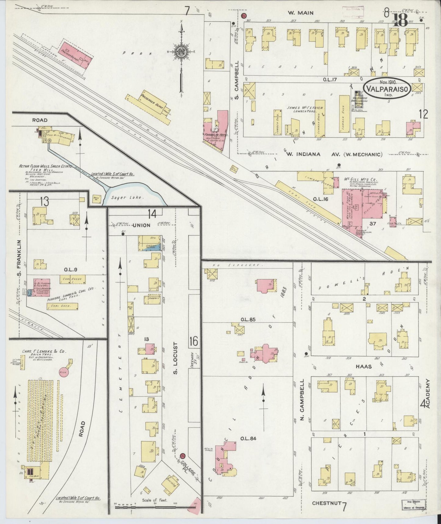 Sanborn Fire Insurance Map from Valparaiso, Porter County, Indiana (1910), Sheet #0018 - Complete Map Set gallery image, historic Sanborn map, vintage wall art, Indiana Indiana
