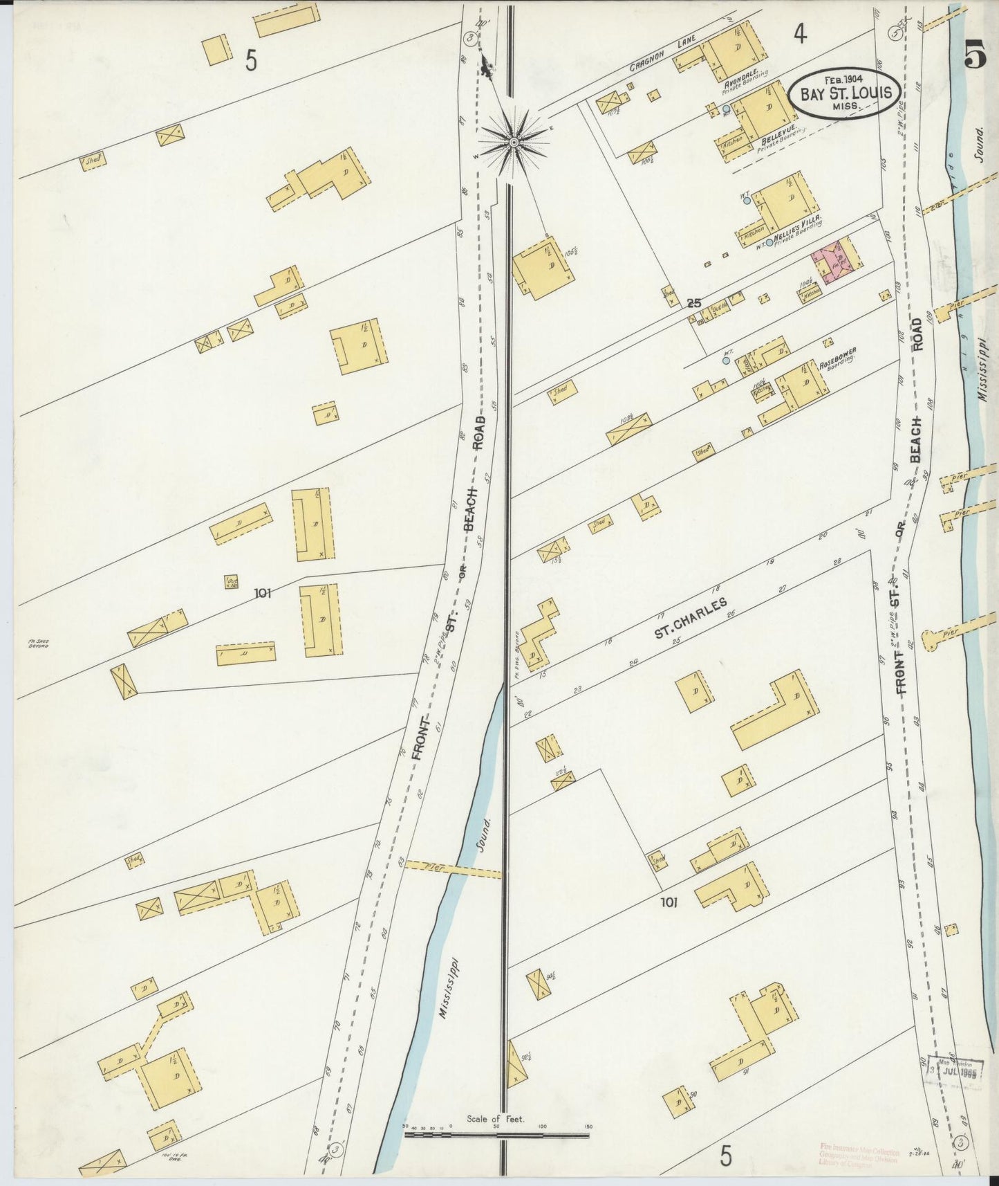 Sanborn Fire Insurance Map from Bay Saint Louis, Hancock County, Mississippi (1904), Sheet #0005 - Historic Sanborn Fire Insurance Map Print, vintage old map wall art, antique decor, genealogy gift, Mississippi Mississippi map