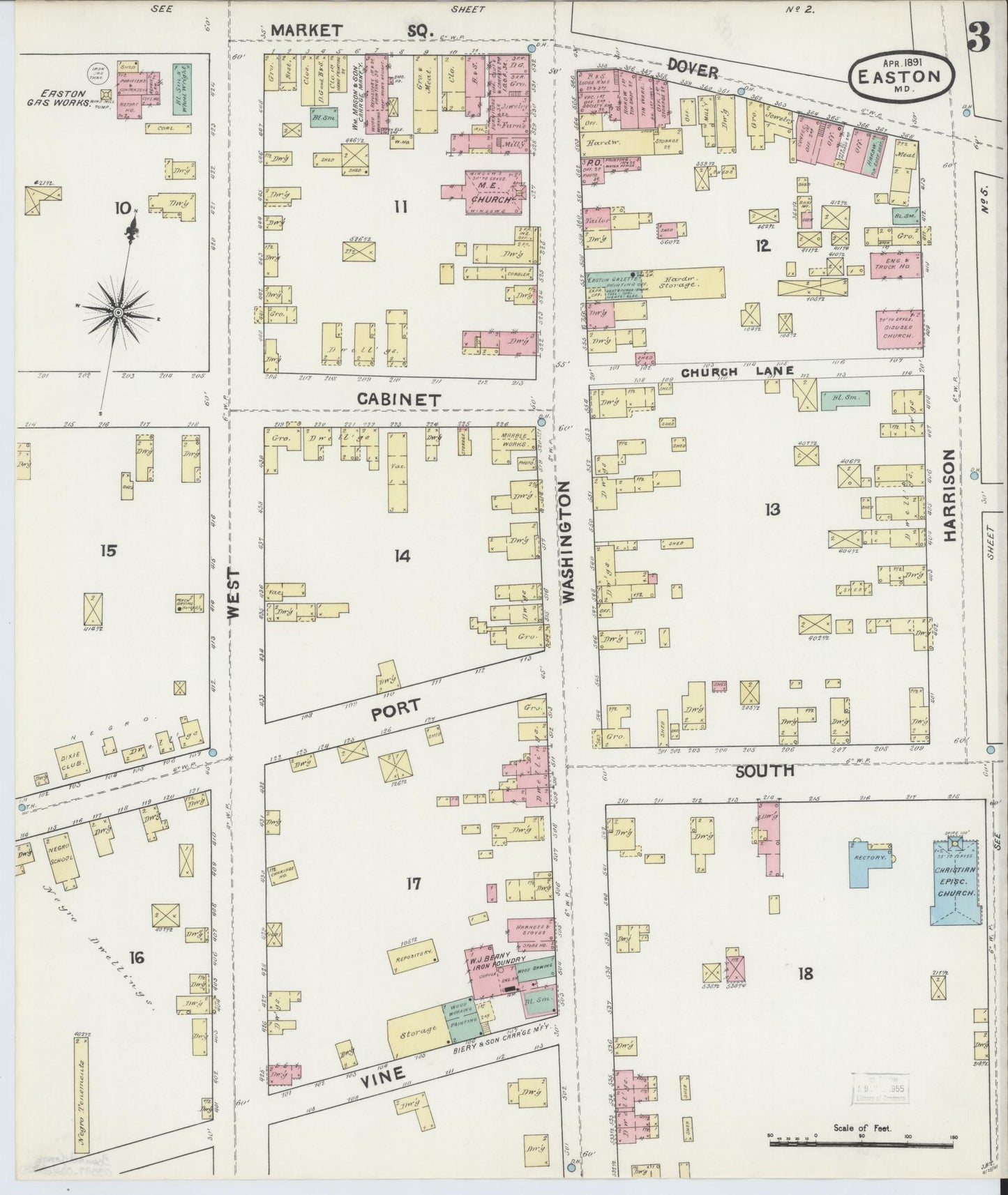 Sanborn Fire Insurance Map from Easton, Talbot County, Maryland (1891), Sheet #0003 - Historic Sanborn Fire Insurance Map Print, vintage old map wall art, antique decor, genealogy gift, Maryland Maryland map