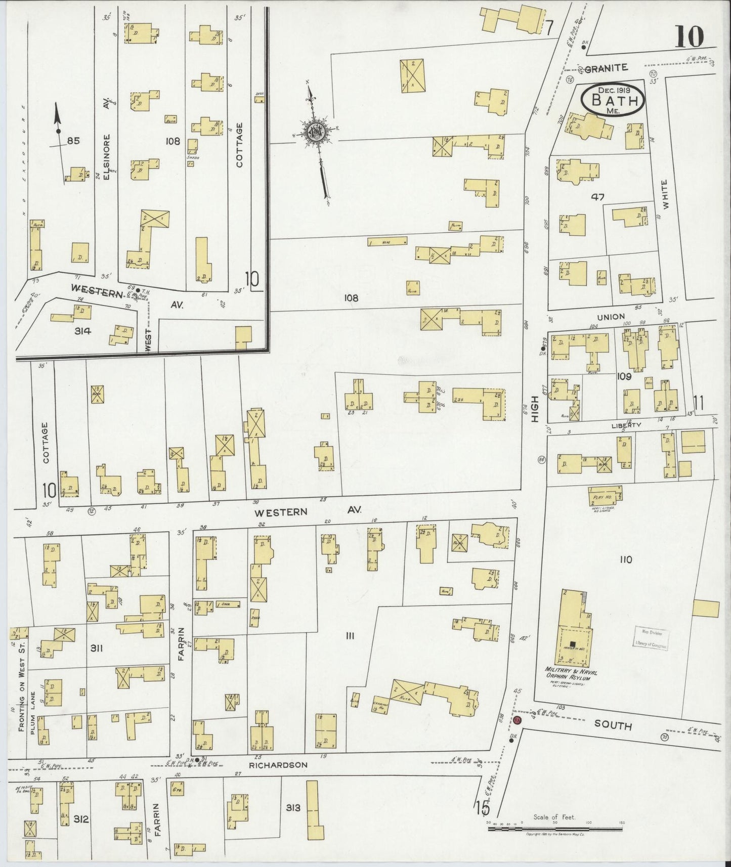 Sanborn Fire Insurance Map from Bath, Sagadahoc County, Maine (1919), Sheet #0010 - Historic Sanborn Fire Insurance Map Print, vintage old map wall art, antique decor, genealogy gift, Maine Maine map