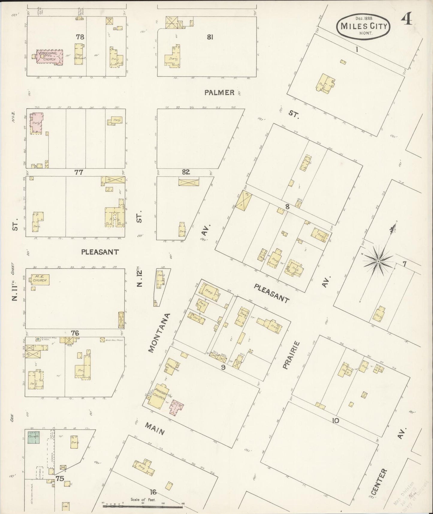 Sanborn Fire Insurance Map from Miles City, Custer County, Montana (1888), Sheet #0004 - Historic Sanborn Fire Insurance Map Print, vintage old map wall art, antique decor, genealogy gift, Montana Montana map