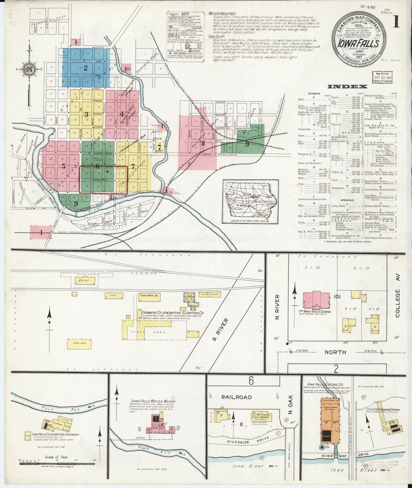 Sanborn Fire Insurance Map from Iowa Falls, Hardin County, Iowa (1917), Sheet #0001 - Historic Sanborn Fire Insurance Map Print, vintage old map wall art