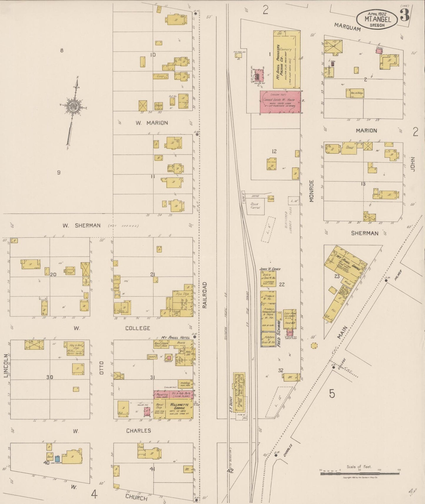 Sanborn Fire Insurance Map from Mount Angel, Marion County, Oregon (1922), Sheet #0003 - Historic Sanborn Fire Insurance Map Print, vintage old map wall art, antique decor, genealogy gift, Oregon Oregon map