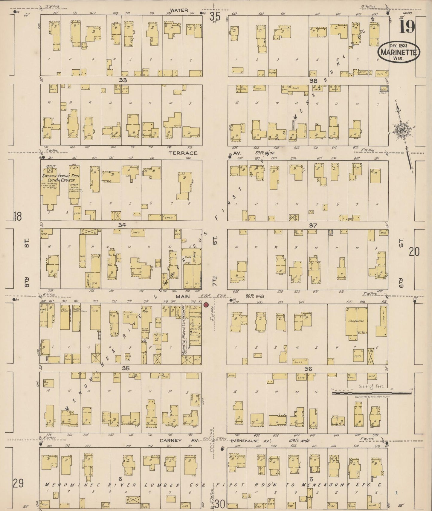 Sanborn Fire Insurance Map from Marinette, Marinette County, Wisconsin (1921), Sheet #0019 - Historic Sanborn Fire Insurance Map Print, vintage old map wall art, antique decor, genealogy gift, Wisconsin Wisconsin map
