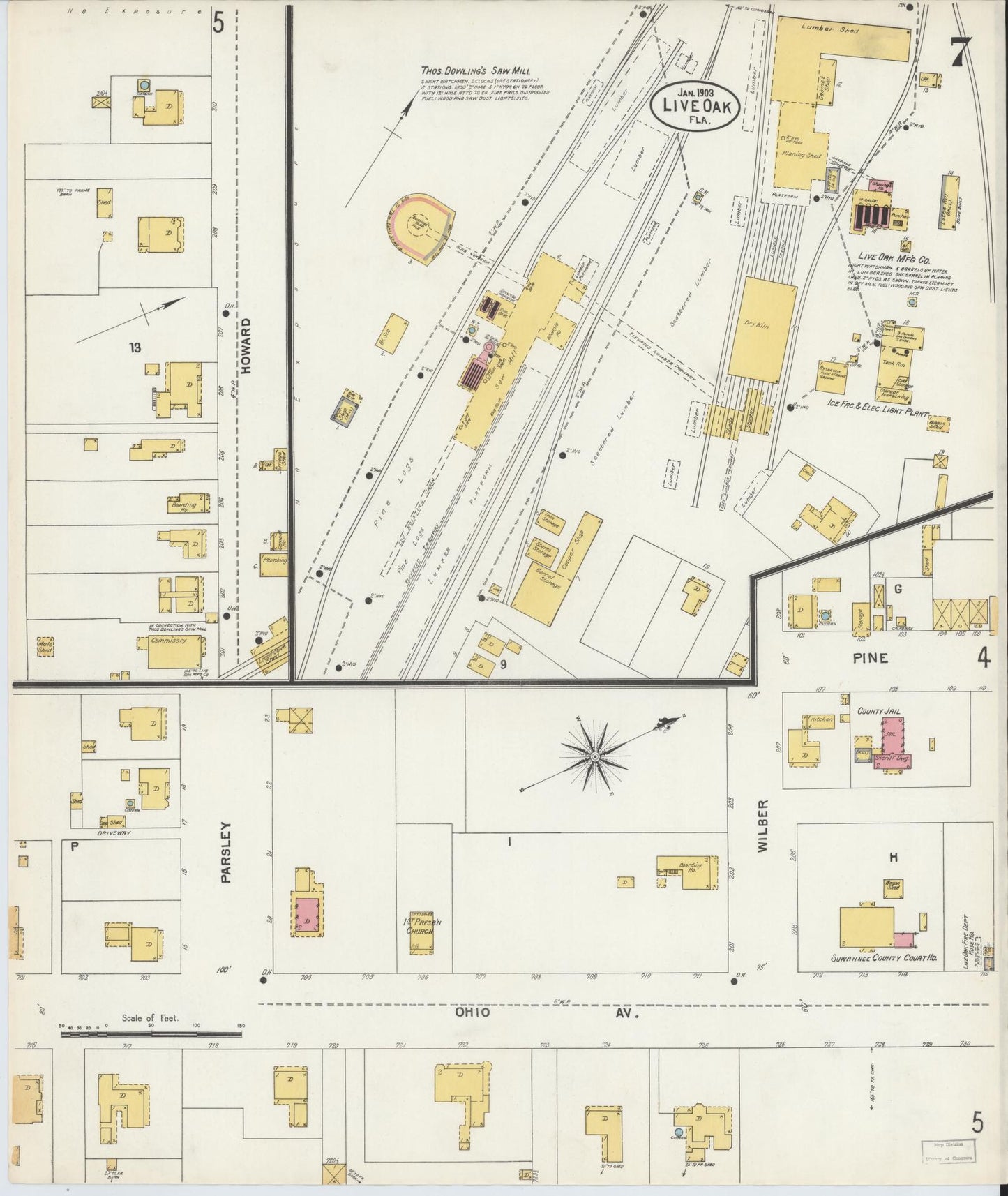 Sanborn Fire Insurance Map from Live Oak, Suwanee County, Florida (1903), Sheet #0007 - Historic Sanborn Fire Insurance Map Print, vintage old map wall art, antique decor, genealogy gift, Florida Florida map