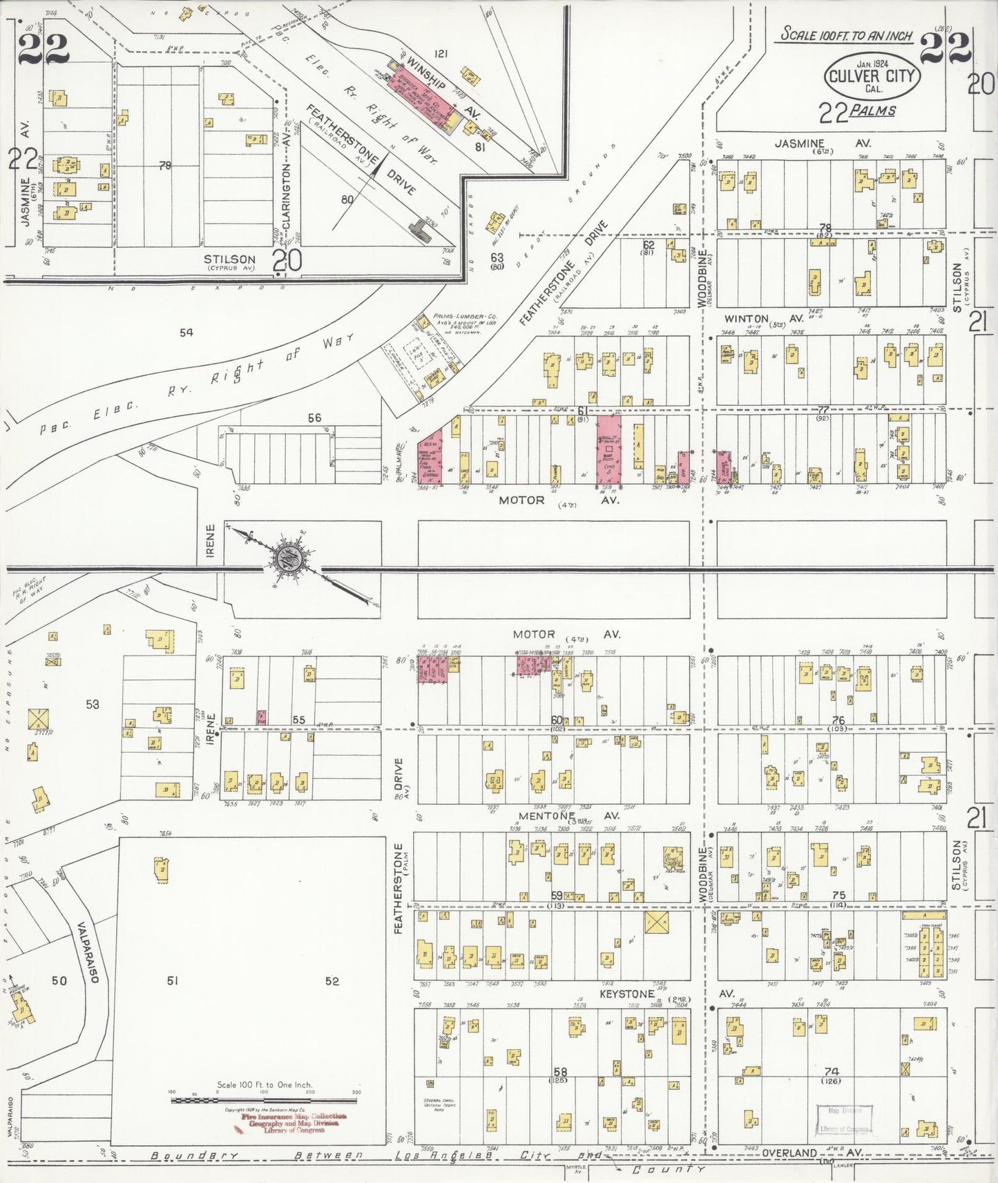 Sanborn Fire Insurance Map from Culver City, Los Angeles County, California (1924), Sheet #0022 - Historic Sanborn Fire Insurance Map Print, vintage old map wall art, antique decor, genealogy gift, California California map