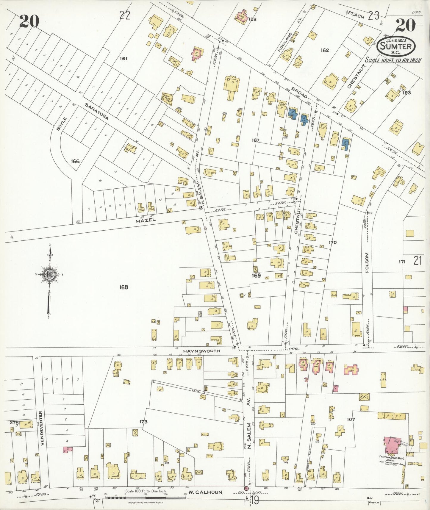 Sanborn Fire Insurance Map from Sumter, Sumter County, South Carolina (1923), Sheet #0020 - Historic Sanborn Fire Insurance Map Print, vintage old map wall art, antique decor, genealogy gift, South Carolina South Carolina map