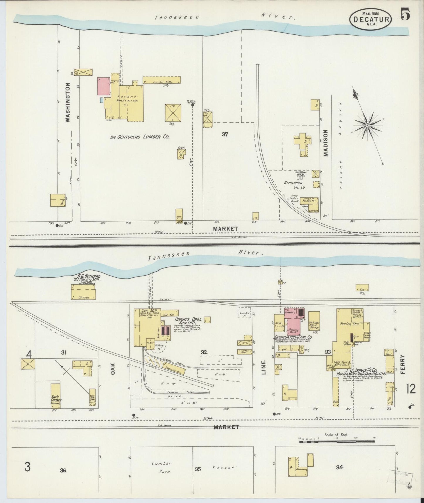 Sanborn Fire Insurance Map from Decatur, Morgan County, Alabama (1898), Sheet #0005 - Historic Sanborn Fire Insurance Map Print, vintage old map wall art, antique decor, genealogy gift, Alabama Alabama map