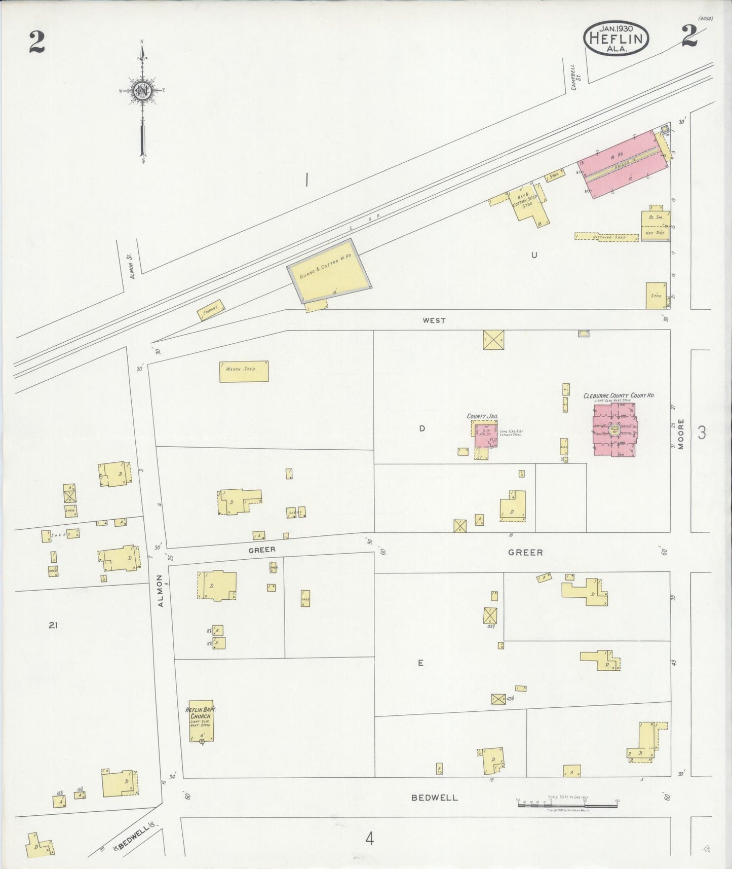 Sanborn Fire Insurance Map from Heflin, Cleburne County, Alabama (1930), Sheet #0002 - Historic Sanborn Fire Insurance Map Print, vintage old map wall art, antique decor, genealogy gift, Alabama Alabama map