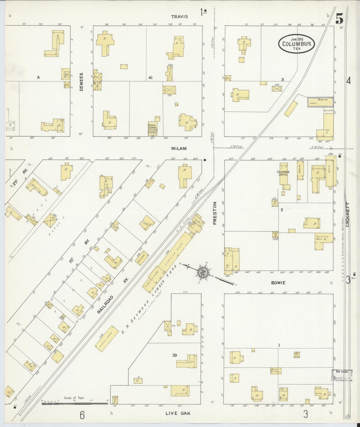 Sanborn Fire Insurance Map from Columbus, Colorado County, Texas (1912), Sheet #0005 - Historic Sanborn Fire Insurance Map Print, vintage old map wall art, antique decor, genealogy gift, Columbus Colorado map