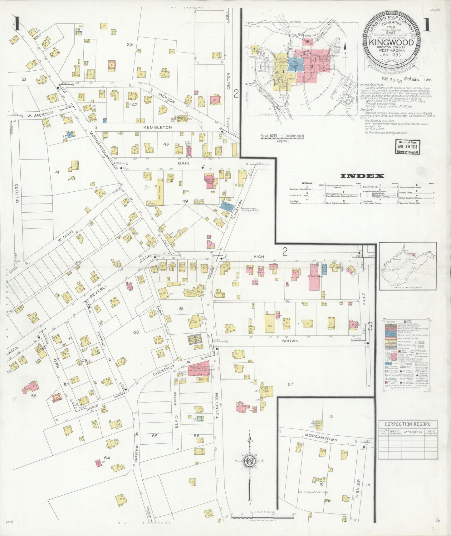 Sanborn Fire Insurance Map from Kingwood, Preston County, West Virginia (1933), Sheet #0001 - Historic Sanborn Fire Insurance Map Print, vintage old map wall art, antique decor, genealogy gift, West Virginia West Virginia map