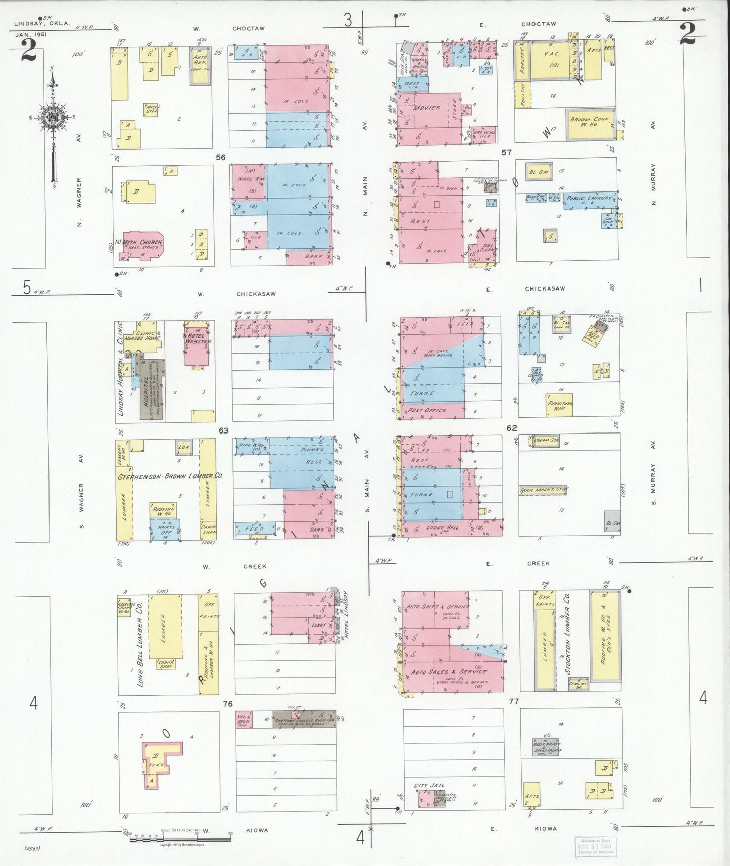 Sanborn Fire Insurance Map from Lindsay, Garvin County, Oklahoma (1951), Sheet #0002 - Historic Sanborn Fire Insurance Map Print, vintage old map wall art, antique decor, genealogy gift, Oklahoma Oklahoma map