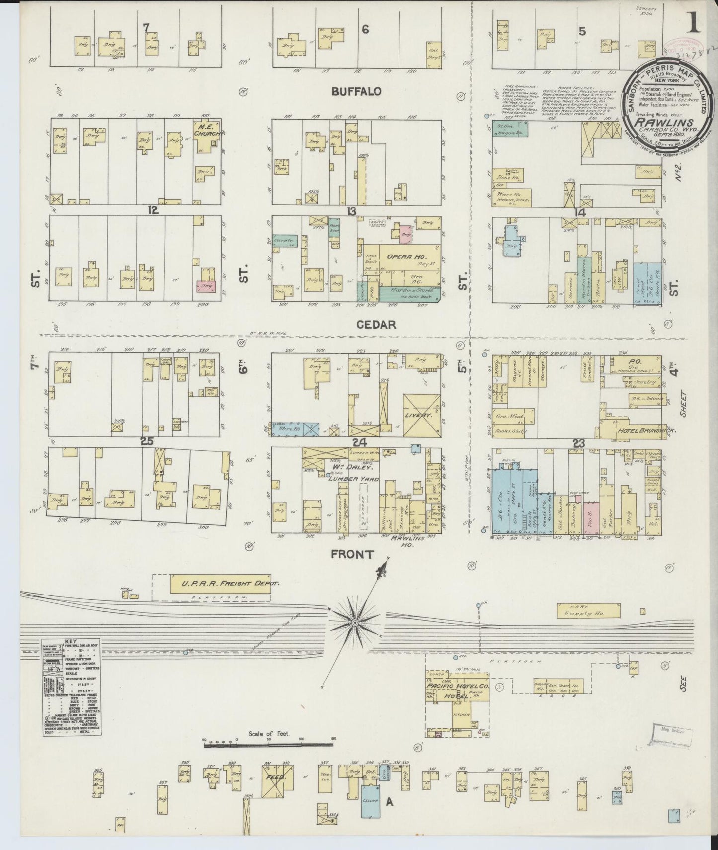 Sanborn Fire Insurance Map from Rawlins, Carbon County, Wyoming (1890), Sheet #0001 - Historic Sanborn Fire Insurance Map Print, vintage old map wall art, antique decor, genealogy gift, Wyoming Wyoming map