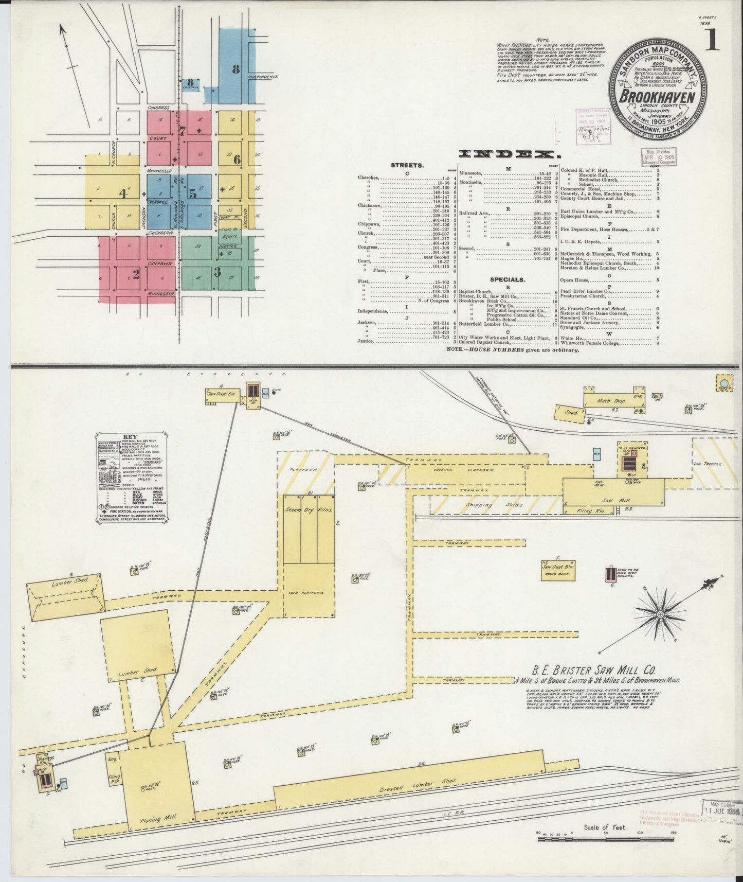 Sanborn Fire Insurance Map from Brookhaven, Lincoln County, Mississippi (1905), Sheet #0001 - Historic Sanborn Fire Insurance Map Print, vintage old map wall art, antique decor, genealogy gift, Mississippi Mississippi map
