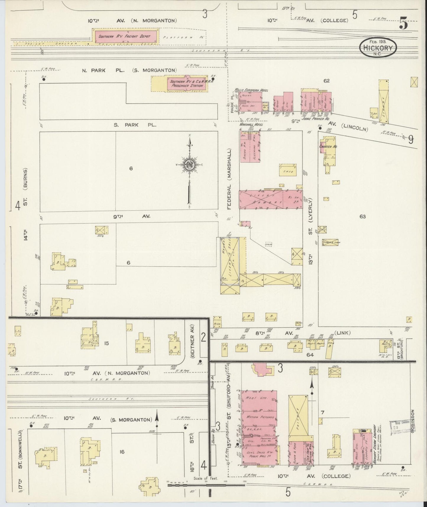 Sanborn Fire Insurance Map from Hickory, Catawba County, North Carolina (1913), Sheet #0005 - Historic Sanborn Fire Insurance Map Print, vintage old map wall art, antique decor, genealogy gift, North Carolina North Carolina map