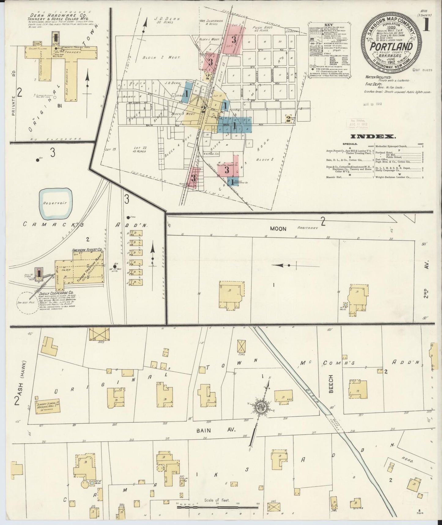 Sanborn Fire Insurance Map from Portland, Ashley County, Arkansas (1912), Sheet #0001 - Historic Sanborn Fire Insurance Map Print, vintage old map wall art, antique decor, genealogy gift, Arkansas Arkansas map