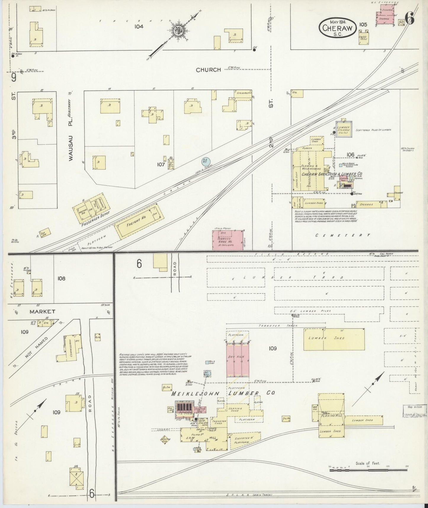 Sanborn Fire Insurance Map from Cheraw, Chesterfield County, South Carolina (1914), Sheet #0006 - Historic Sanborn Fire Insurance Map Print, vintage old map wall art, antique decor, genealogy gift, South Carolina South Carolina map