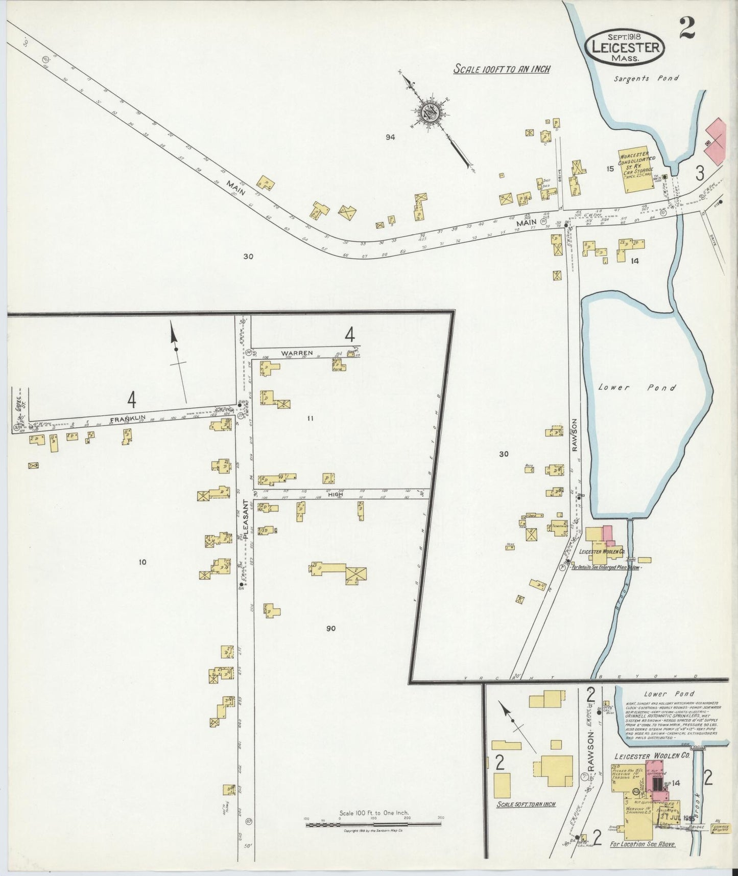 Sanborn Fire Insurance Map from Leicester, Worcester County, Massachusetts (1918), Sheet #0002 - Historic Sanborn Fire Insurance Map Print, vintage old map wall art, antique decor, genealogy gift, Massachusetts Massachusetts map