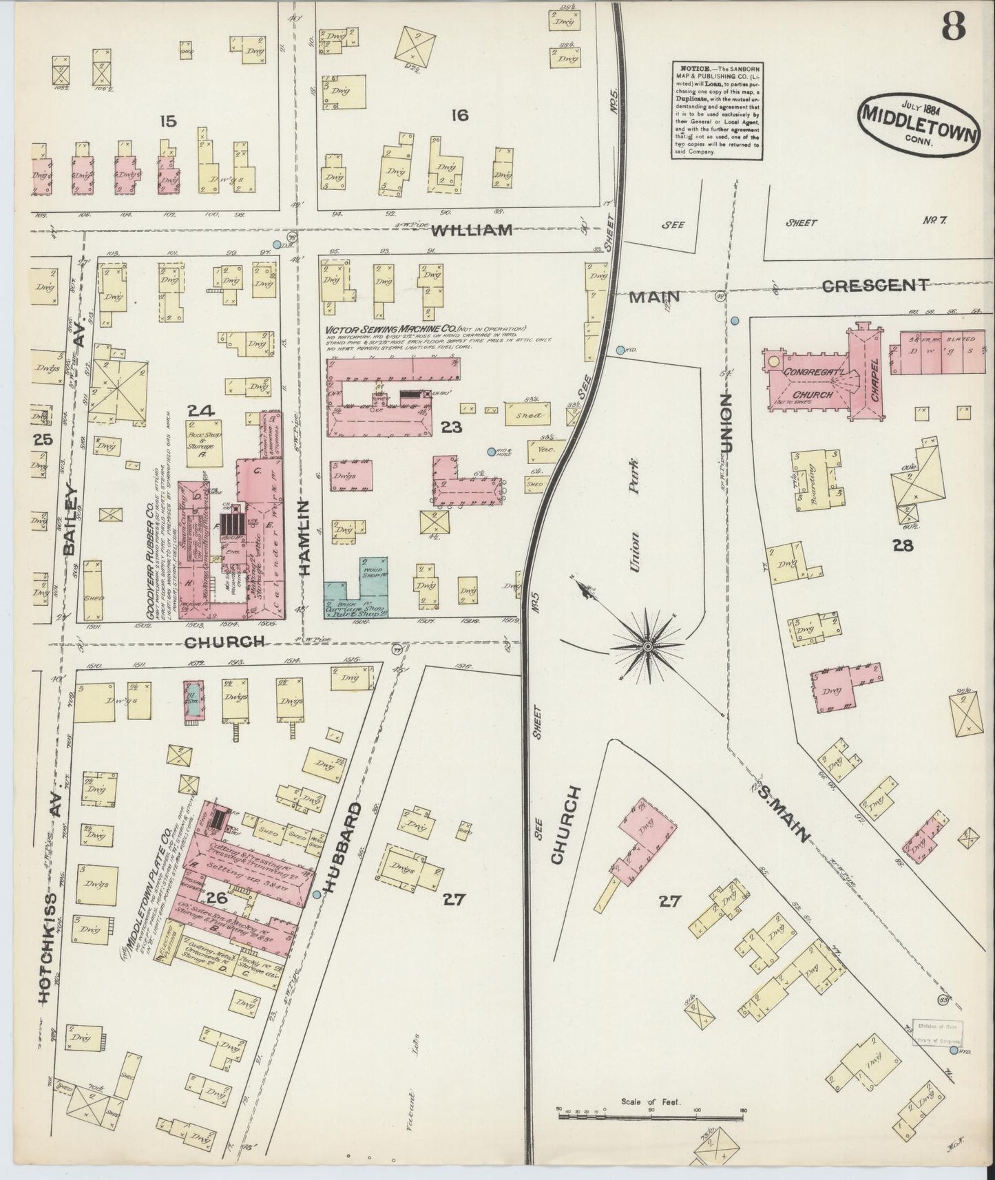 Sanborn Fire Insurance Map from Middletown, Middlesex County, Connecticut (1884), Sheet #0007 - Historic Sanborn Fire Insurance Map Print, vintage old map wall art, antique decor, genealogy gift, Connecticut Connecticut map