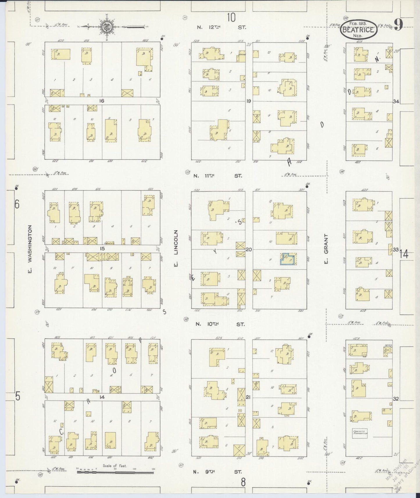 Sanborn Fire Insurance Map from Beatrice, Gage County, Nebraska (1913), Sheet #0009 - Historic Sanborn Fire Insurance Map Print, vintage old map wall art, antique decor, genealogy gift, Nebraska Nebraska map