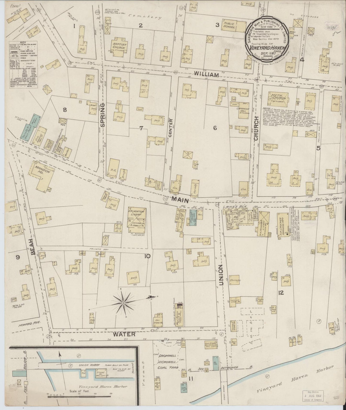 Sanborn Fire Insurance Map from Vineyard Haven, Dukes County, Massachusetts (1887), Sheet #0001 - Historic Sanborn Fire Insurance Map Print, vintage old map wall art, antique decor, genealogy gift, Massachusetts Massachusetts map