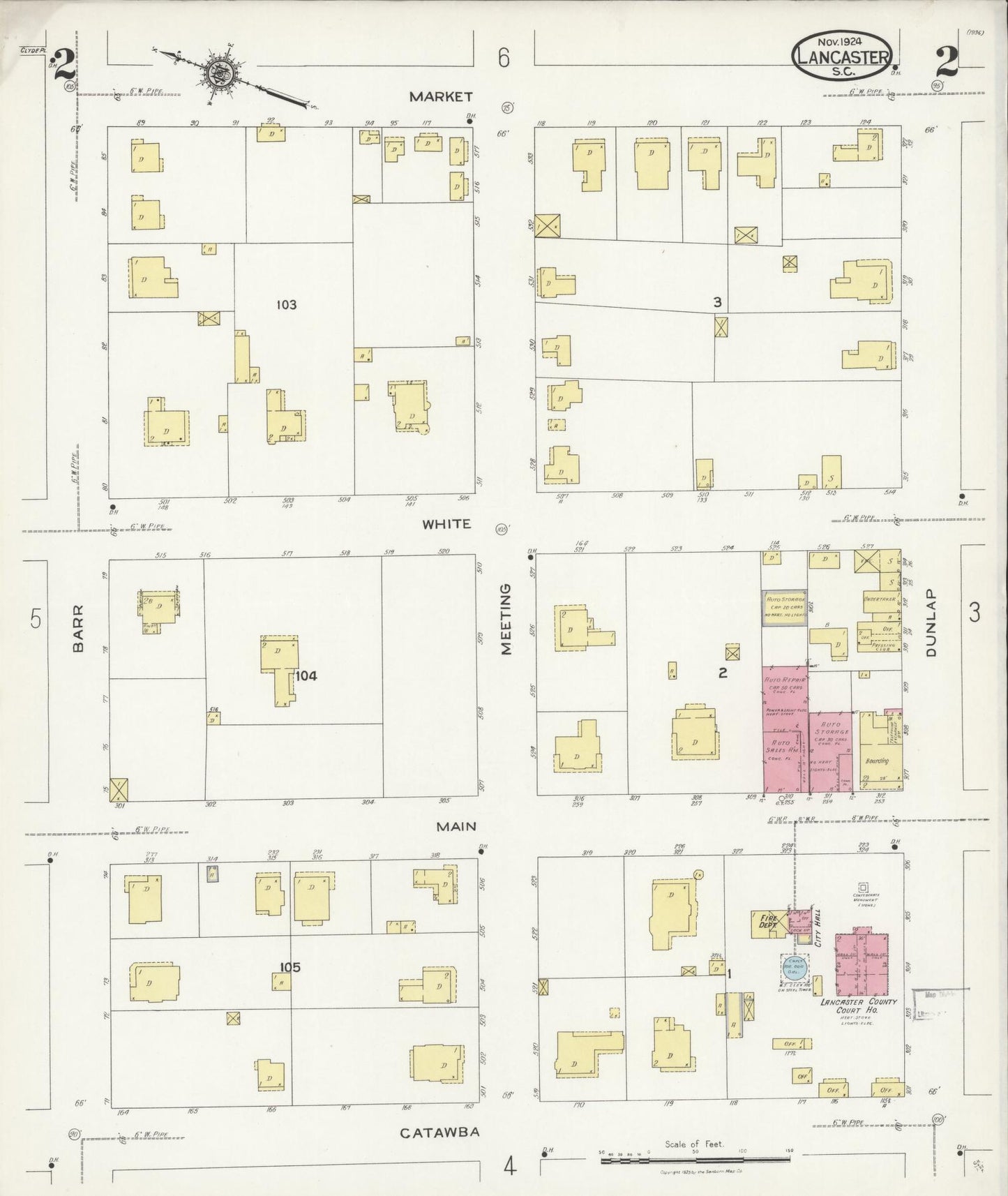 Sanborn Fire Insurance Map from Lancaster, Lancaster County, South Carolina (1924), Sheet #0002 - Historic Sanborn Fire Insurance Map Print, vintage old map wall art, antique decor, genealogy gift, South Carolina South Carolina map