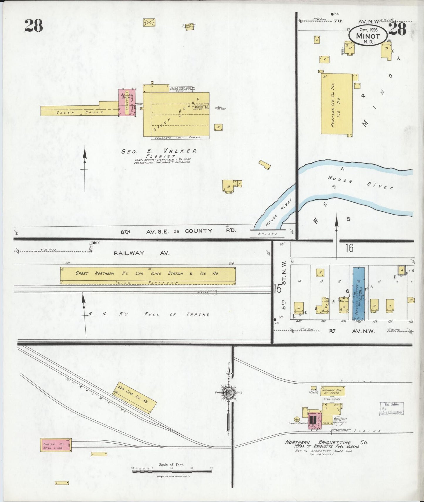Sanborn Fire Insurance Map from Minot, Ward County, North Dakota (1926), Sheet #0028 - Historic Sanborn Fire Insurance Map Print, vintage old map wall art, antique decor, genealogy gift, North Dakota North Dakota map