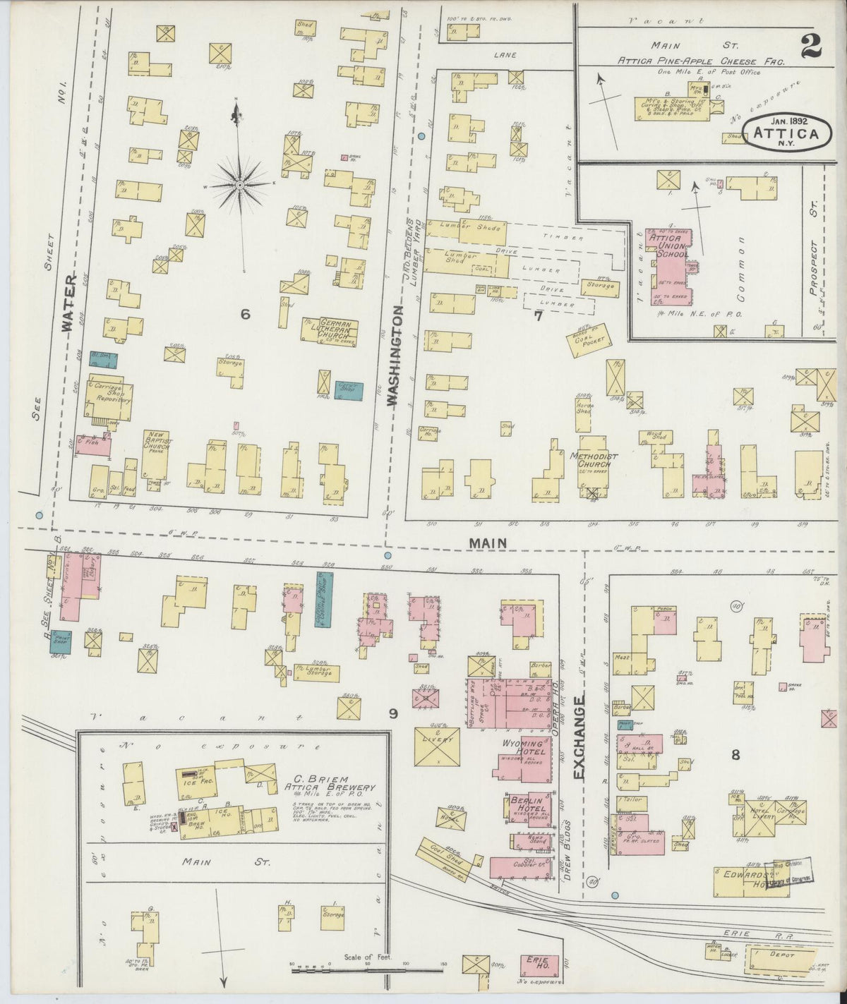Sanborn Fire Insurance Map from Attica, Wyoming County, New York (1892), Sheet #0002 - Historic Sanborn Fire Insurance Map Print, vintage old map wall art, antique decor, genealogy gift, Attica Wyoming map