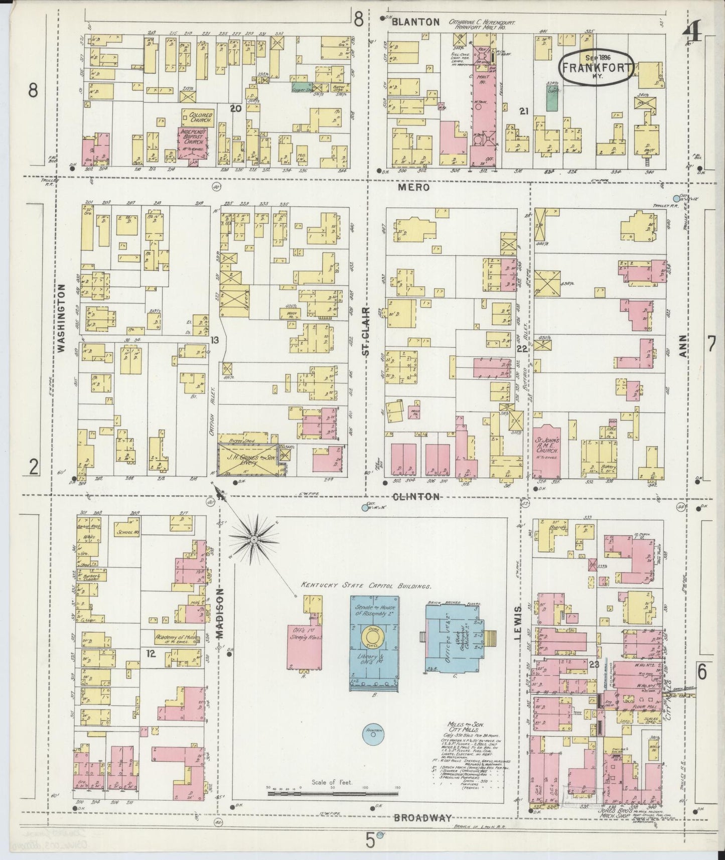 Sanborn Fire Insurance Map from Frankfort, Franklin County, Kentucky (1896), Sheet #0004 - Historic Sanborn Fire Insurance Map Print, vintage old map wall art, antique decor, genealogy gift, Kentucky Kentucky map