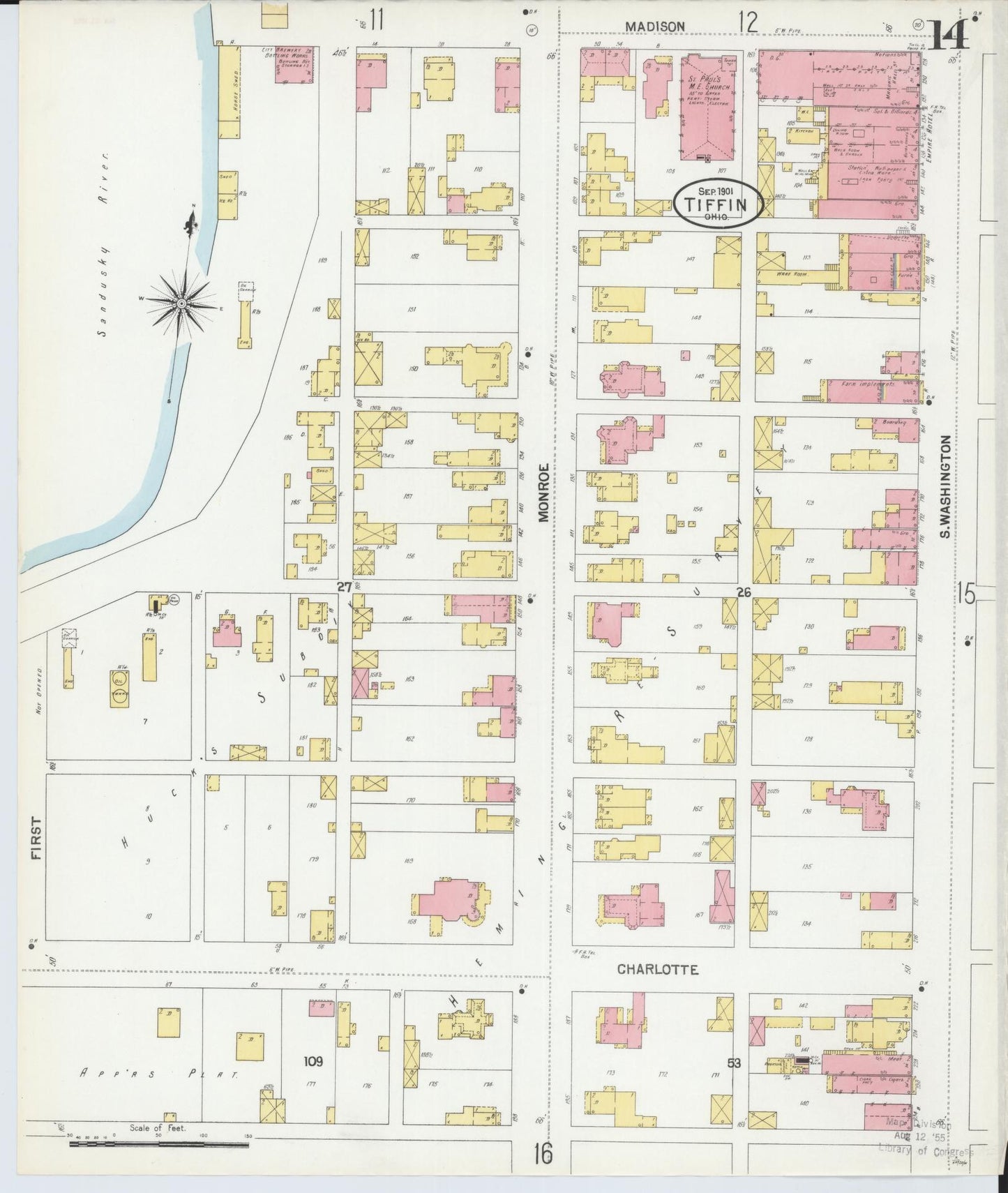 Sanborn Fire Insurance Map from Tiffin, Seneca County, Ohio (1901), Sheet #0014 - Historic Sanborn Fire Insurance Map Print, vintage old map wall art, antique decor, genealogy gift, Ohio Ohio map
