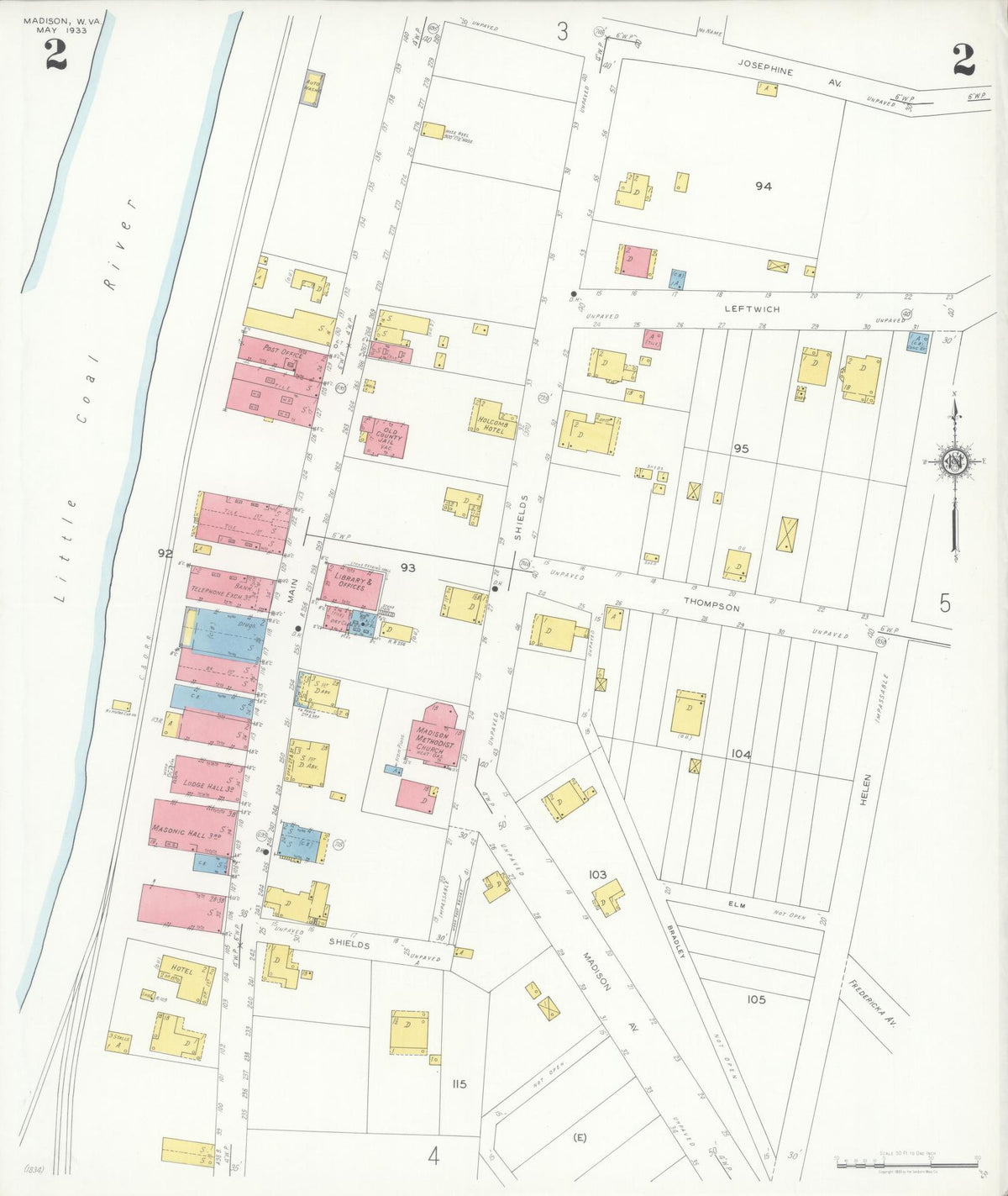 Sanborn Fire Insurance Map from Madison, Boone County, West Virginia (1933), Sheet #0002 - Historic Sanborn Fire Insurance Map Print, vintage old map wall art, antique decor, genealogy gift, West Virginia West Virginia map