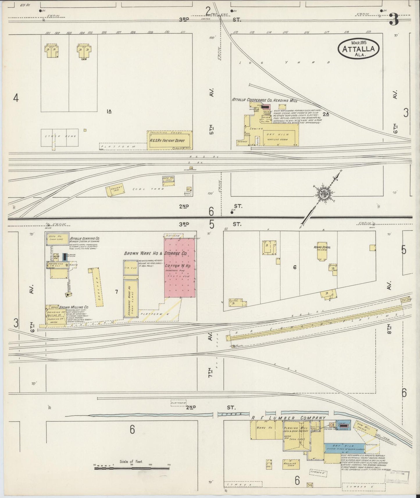 Sanborn Fire Insurance Map from Attalla, Etowah County, Alabama (1915), Sheet #0003 - Historic Sanborn Fire Insurance Map Print, vintage old map wall art, antique decor, genealogy gift, Alabama Alabama map