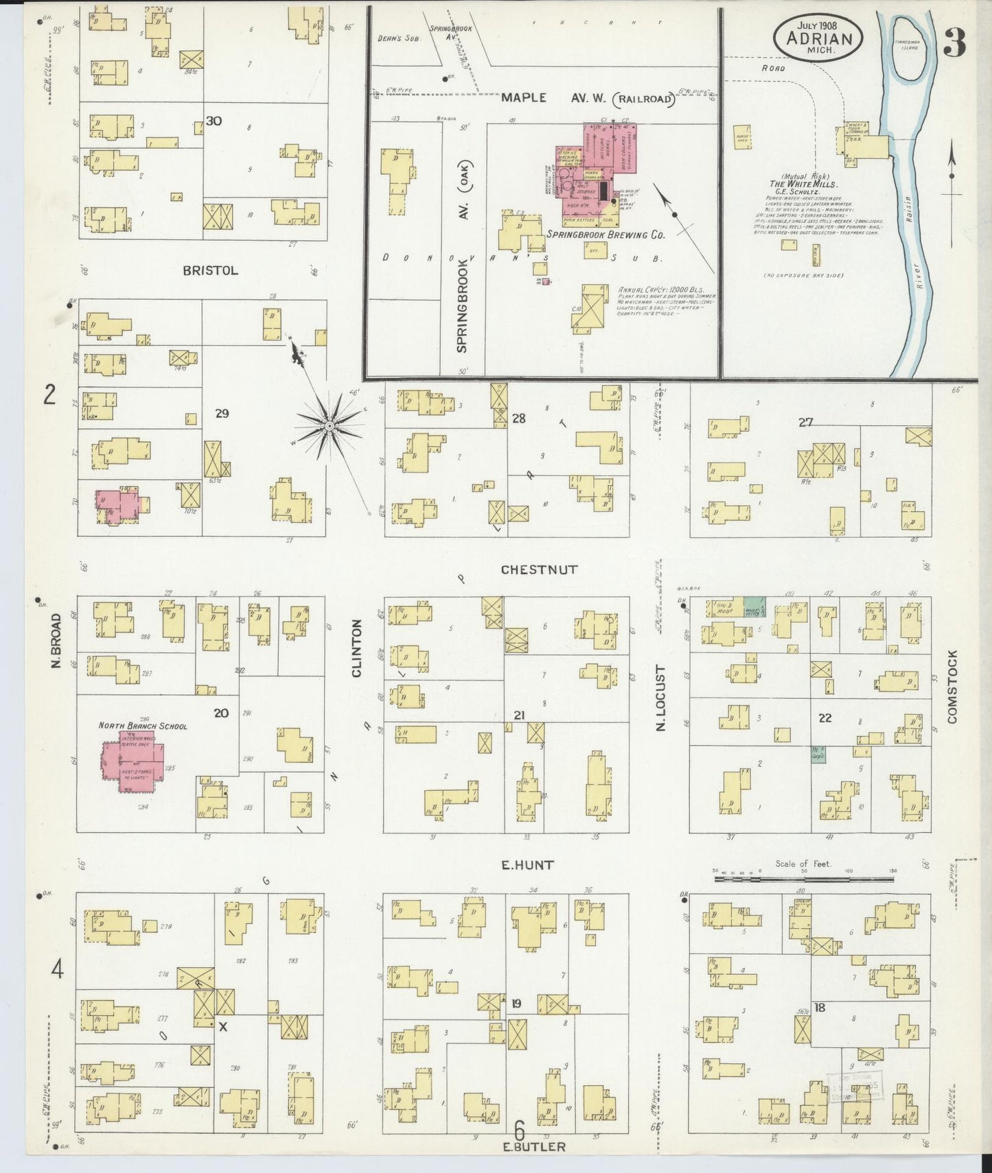 Sanborn Fire Insurance Map from Adrian, Lenawee County, Michigan (1908), Sheet #0003 - Historic Sanborn Fire Insurance Map Print, vintage old map wall art, antique decor, genealogy gift, Michigan Michigan map