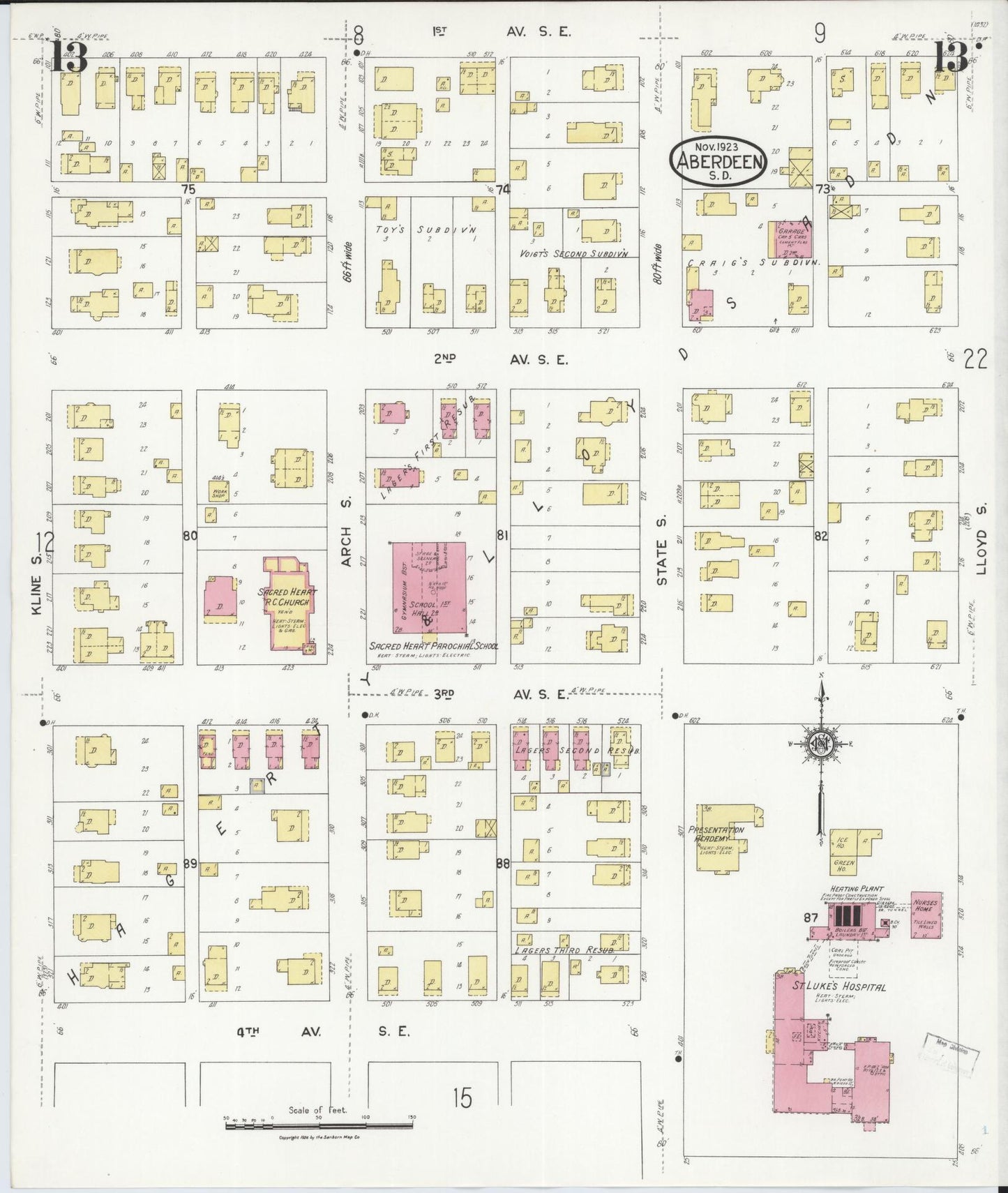 Sanborn Fire Insurance Map from Aberdeen, Brown County, South Dakota (1923), Sheet #0013 - Historic Sanborn Fire Insurance Map Print, vintage old map wall art, antique decor, genealogy gift, South Dakota South Dakota map
