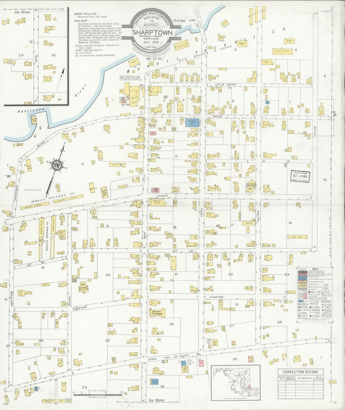 Sanborn Fire Insurance Map from Sharptown, Wicomico County, Maryland (1933), Sheet #0001 - Historic Sanborn Fire Insurance Map Print, vintage old map wall art, antique decor, genealogy gift, Maryland Maryland map