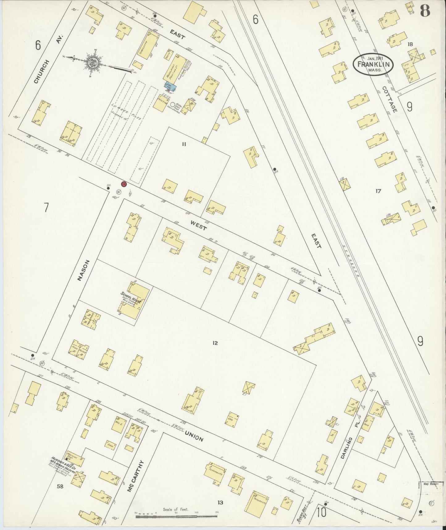 Sanborn Fire Insurance Map from Franklin, Norfolk County, Massachusetts (1911), Sheet #0008 - Historic Sanborn Fire Insurance Map Print, vintage old map wall art, antique decor, genealogy gift, Massachusetts Massachusetts map