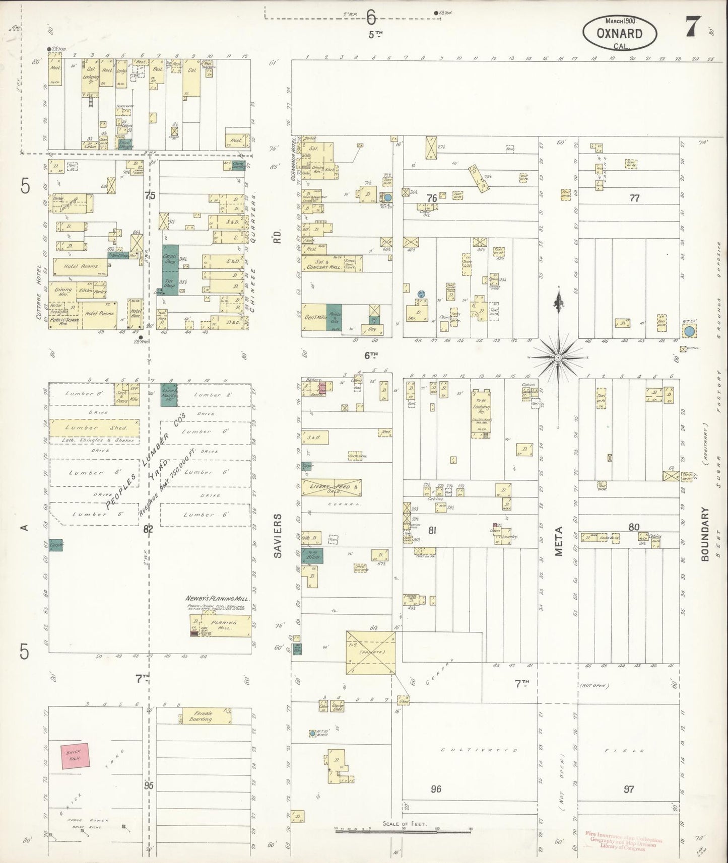 Sanborn Fire Insurance Map from Oxnard, Ventura County, California (1900), Sheet #0007 - Complete Map Set gallery image, historic Sanborn map, vintage wall art, California California