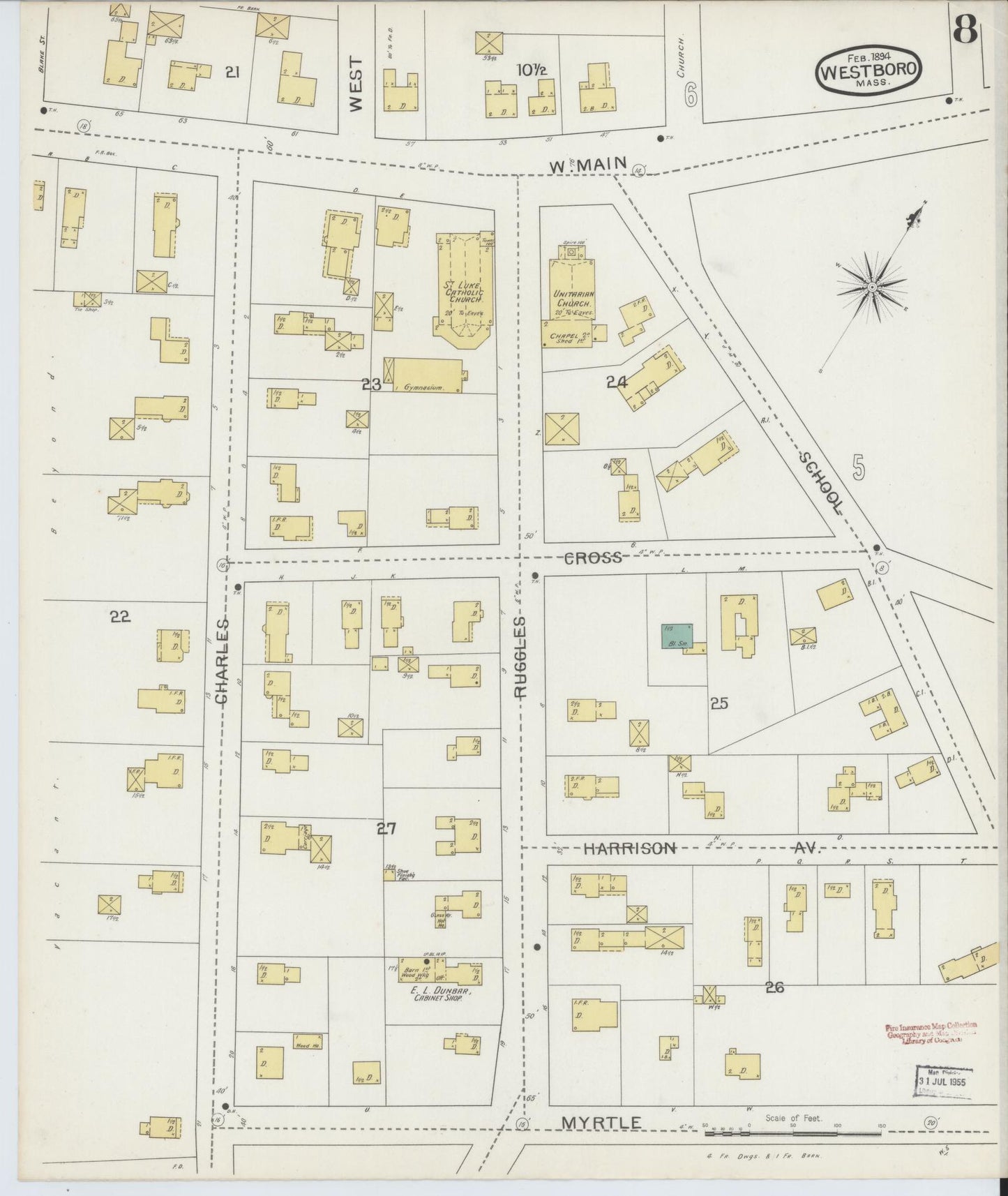 Sanborn Fire Insurance Map from Westboro, Worcester County, Massachusetts (1894), Sheet #0008 - Complete Map Set gallery image, historic Sanborn map, vintage wall art, Massachusetts Massachusetts