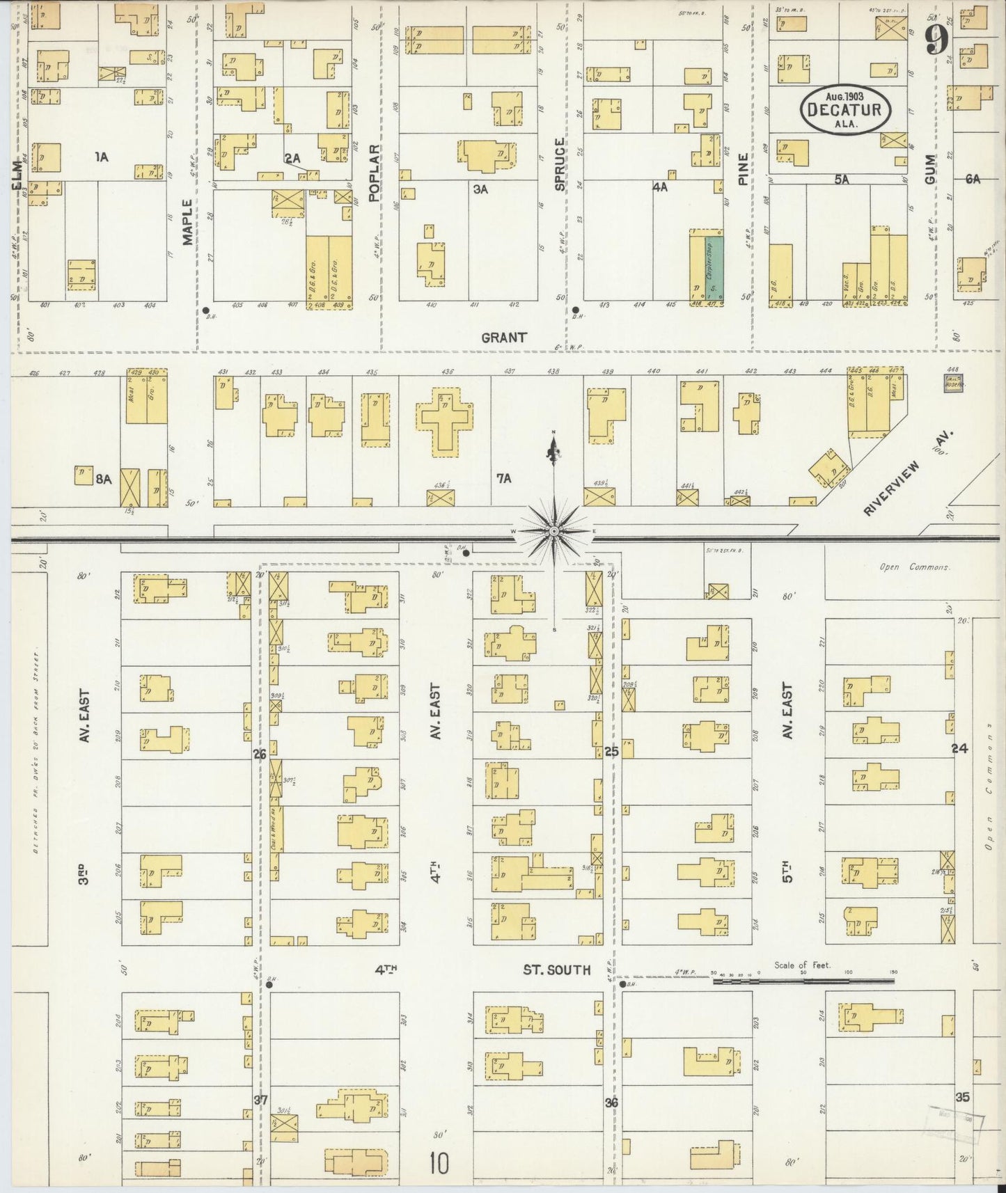 Sanborn Fire Insurance Map from Decatur, Morgan County, Alabama (1903), Sheet #0009 - Historic Sanborn Fire Insurance Map Print, vintage old map wall art, antique decor, genealogy gift, Alabama Alabama map