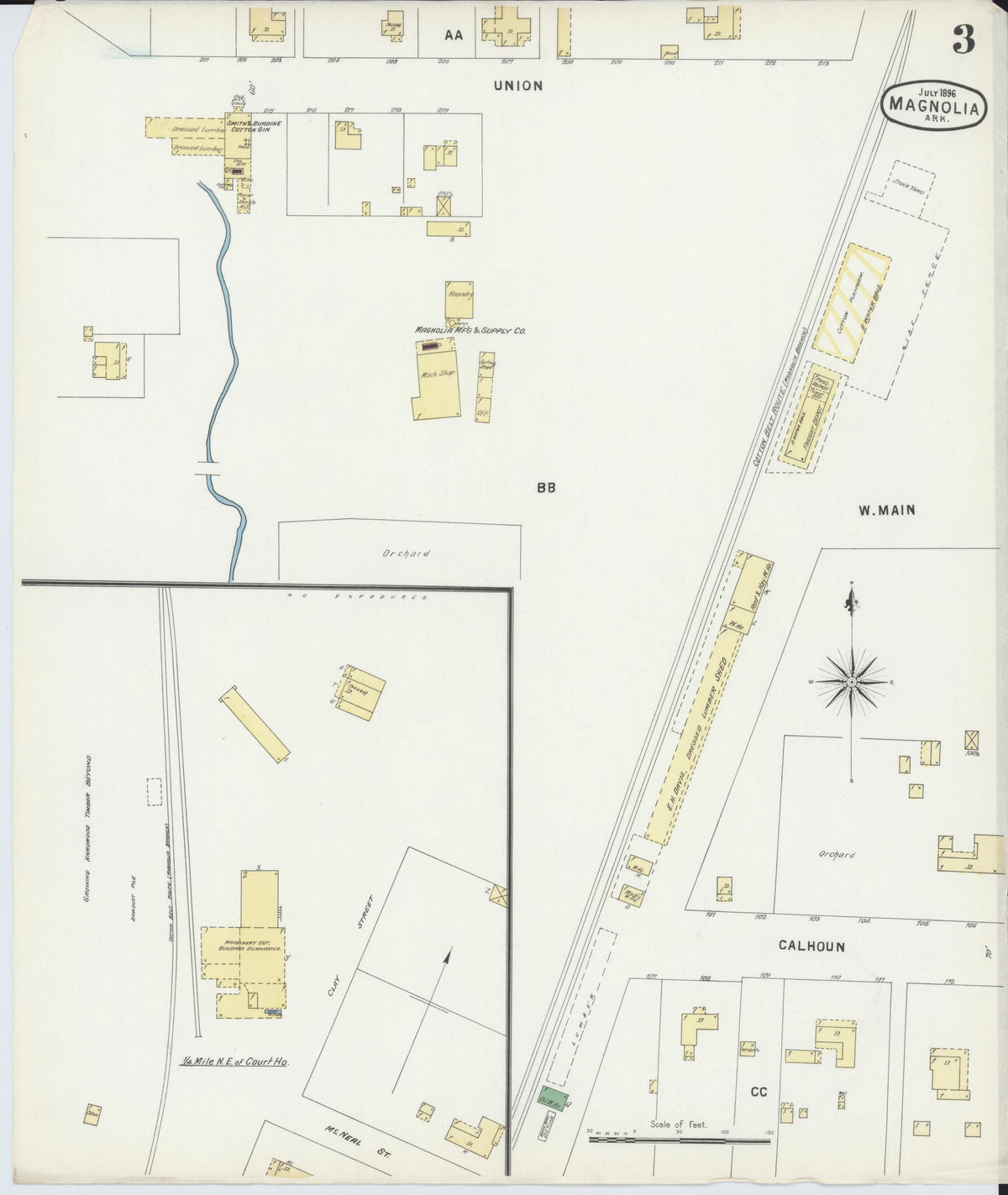 Sanborn Fire Insurance Map from Magnolia, Columbia County, Arkansas (1896), Sheet #0003 - Historic Sanborn Fire Insurance Map Print, vintage old map wall art, antique decor, genealogy gift, Arkansas Arkansas map