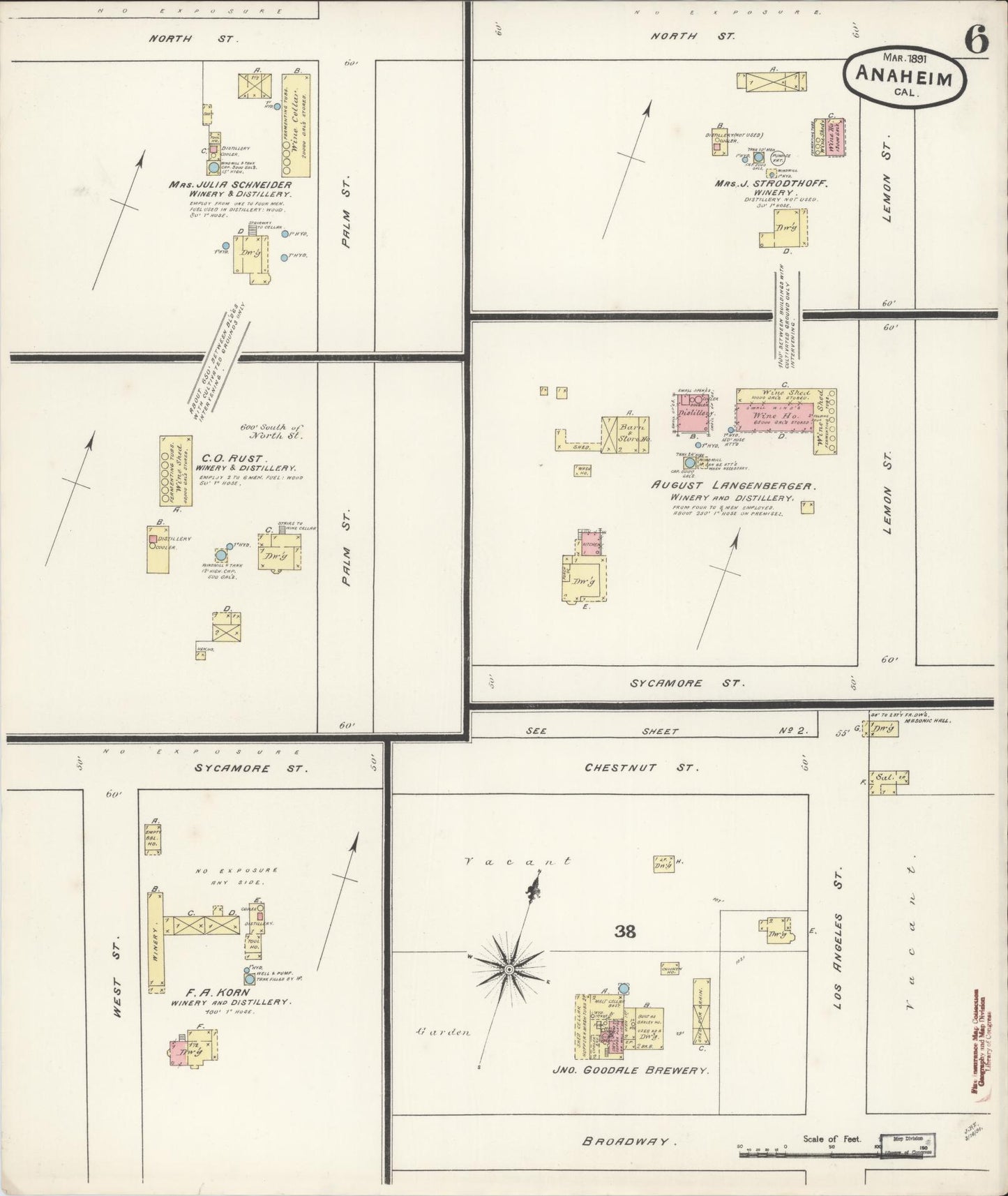 Sanborn Fire Insurance Map from Anaheim, Orange County, California (1891), Sheet #0006 - Historic Sanborn Fire Insurance Map Print, vintage old map wall art, antique decor, genealogy gift, California California map