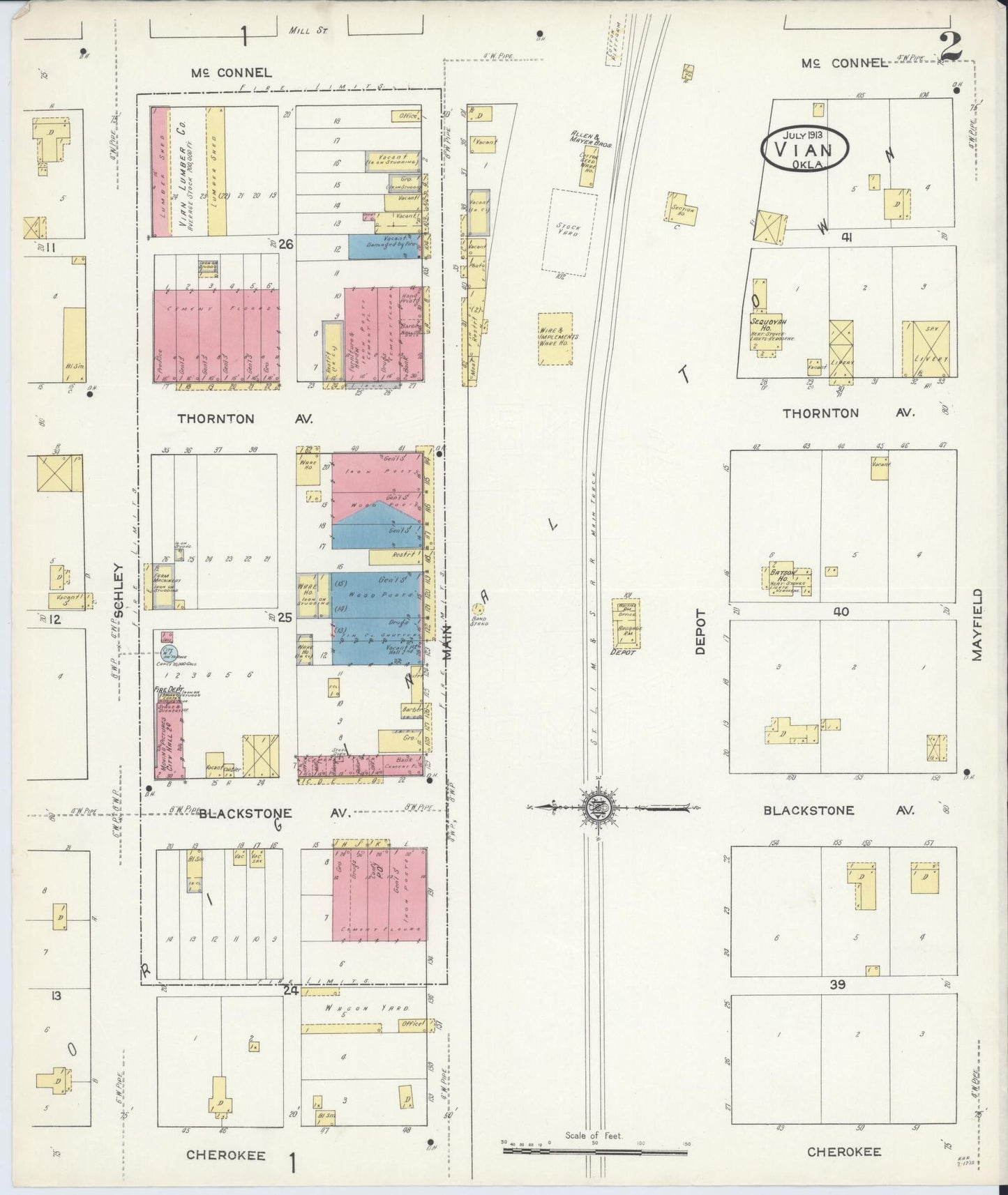 Sanborn Fire Insurance Map from Vian, Sequoyah County, Oklahoma (1913), Sheet #0002 - Historic Sanborn Fire Insurance Map Print, vintage old map wall art, antique decor, genealogy gift, Oklahoma Oklahoma map
